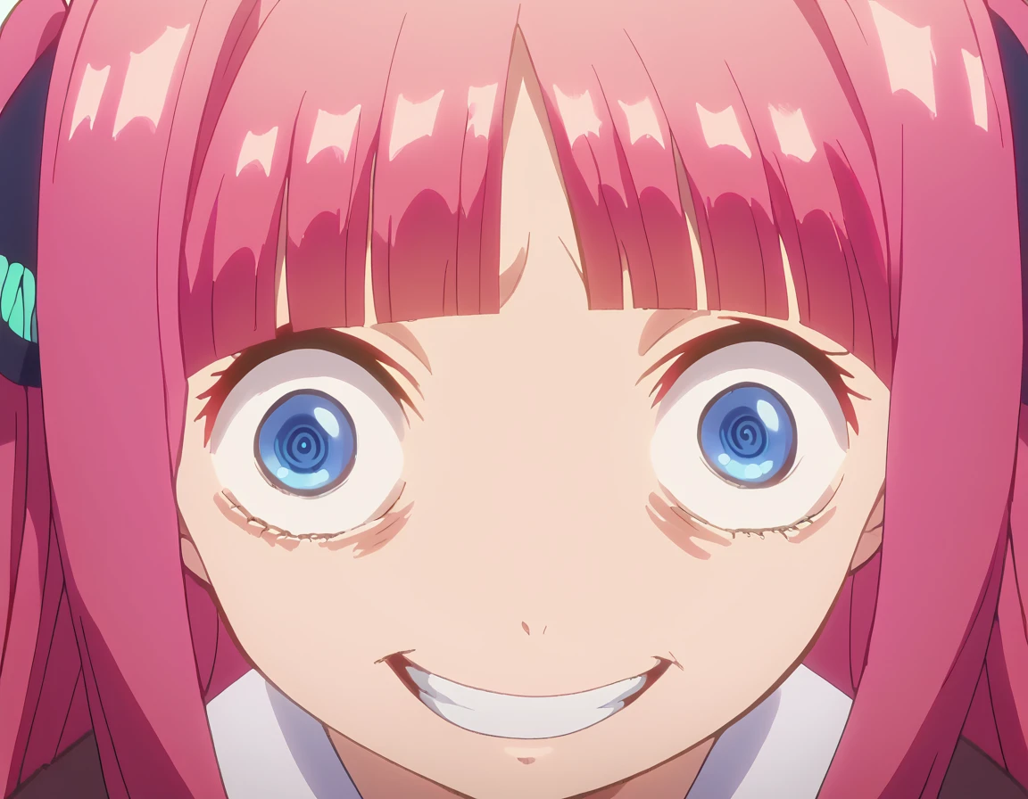 score_9, score_8_up, score_7_up, source_anime, <lora:nino-nakano-s1-ponyxl-lora-nochekaiser:1>, nino nakano, long hair, bangs, blue eyes, hair ornament, hair ribbon, pink hair, blunt bangs, two side up, butterfly hair ornament, large breasts, anime screencap, <lora:about-to-go-insane-ponyxl-lora-nochekaiser:1>, about to go insane, looking at viewer, close-up, wide-eyed, eye focus, from above,, <lora:evil-grin-ponyxl-lora-nochekaiser:1>, evil grin, evil smile, grin, evil eyes, crazy eyes, teeth,,
