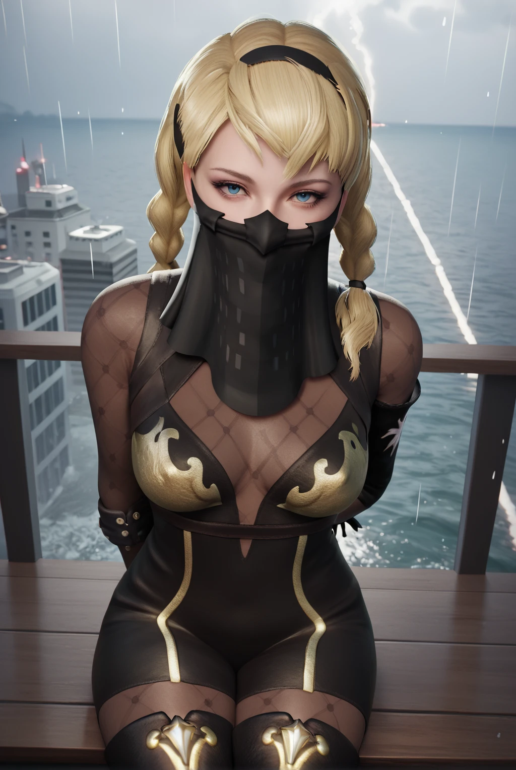 score_9, score_8_up, score_7_up, 1girl, Operator 6o, long hair, blonde hair, twintails, braid, blue eyes, thighhighs, black gloves, see-through, head tilt, mask, bodysuit, thigh boots, black hairband, veil, covered mouth, mouth veil, nier:automata, single sleeve, detached sleeves, gold trim, cleavage, short shorts, shorts, bodystocking, sitting, looking at viewer, smile, closed mouth, ocean, city, rain, storm, clouds, day, from above, arms behind back, realistic