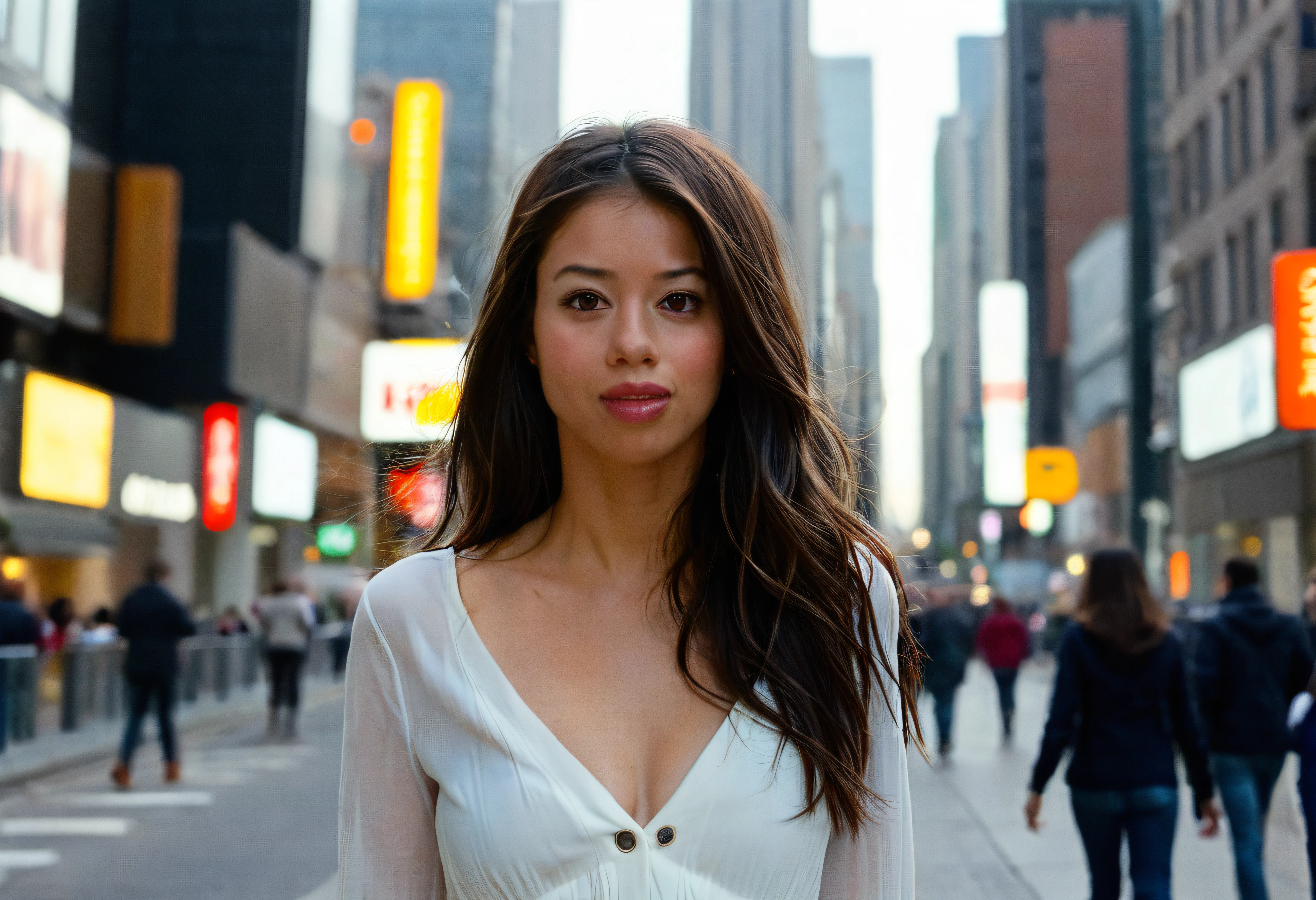 masterpiece, flux-style, portrait of sultry slender model (midthunder) dressed casually and walking through a city entertainment district, dark brown hair with blonde highlights, dark brown eyes, (dynamic pose:1. 2), (analog photo:1. 2), (16mm lens low wide-angle), (fish-eye:0. 8), (movie moment), (daytime hour, high quality, film grain), (natural colors, correct white balance, color correction, dehaze, clarity), ((highly detailed textured skin with pores)), ((Vellus hair)), ((inviting lips)), catch lights in eyes, ((imperfect skin)), rosacea, tooth gap, super detailed, 8K, high quality, sharp focus, intricate details, highly detailed, 8K, UHD, (best quality:1. 5),