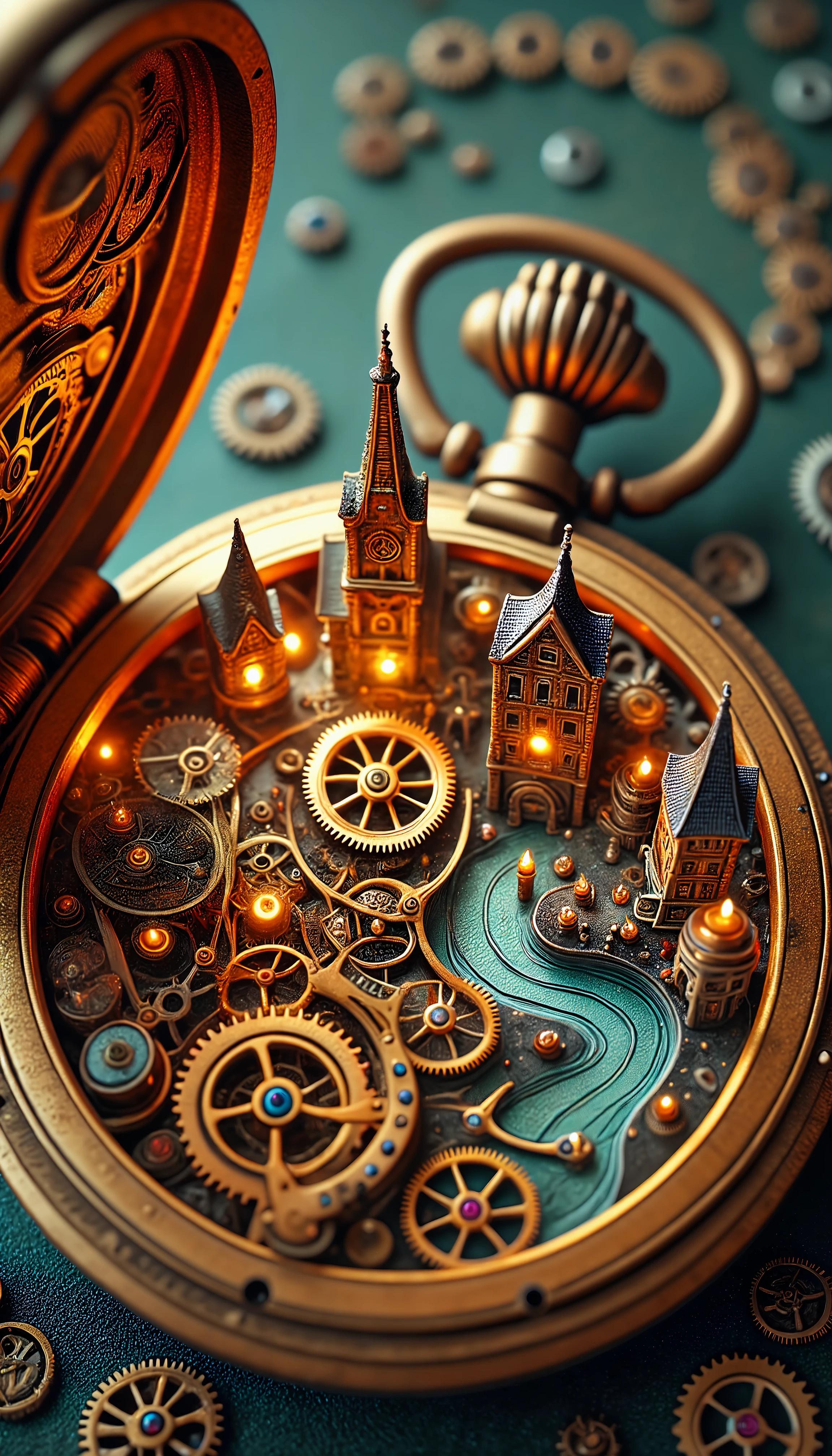 A steampunk city hidden world inside of a pocket watch. The city is vibrant with cogs and wheels.