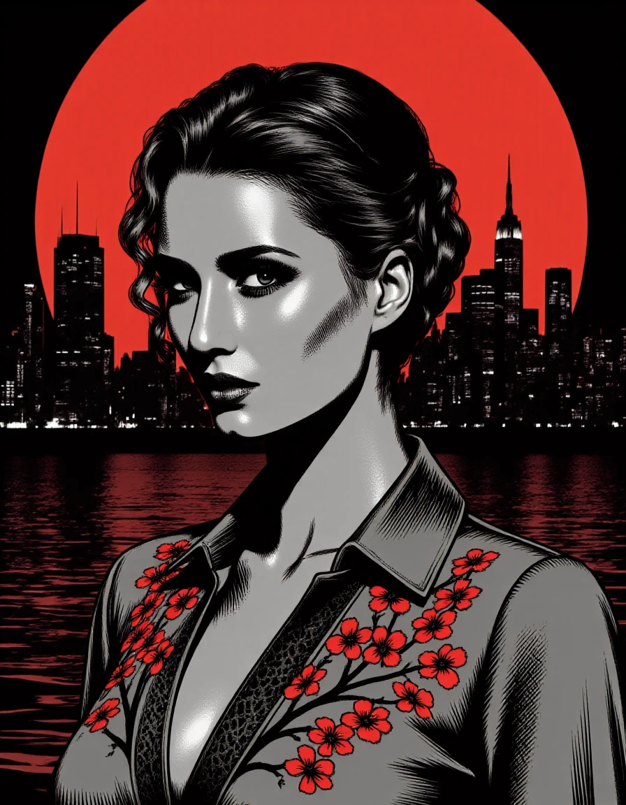 <lora:Sammy_Braddy:1>, noir comic style with grey with red accents hues, portrait of a beautiful woman wearing a blouse decorated with red tree-like flowers, hair bun, at night with red moon in background, black cityline, <lora:lnrnr_flux_EliPot:1>
