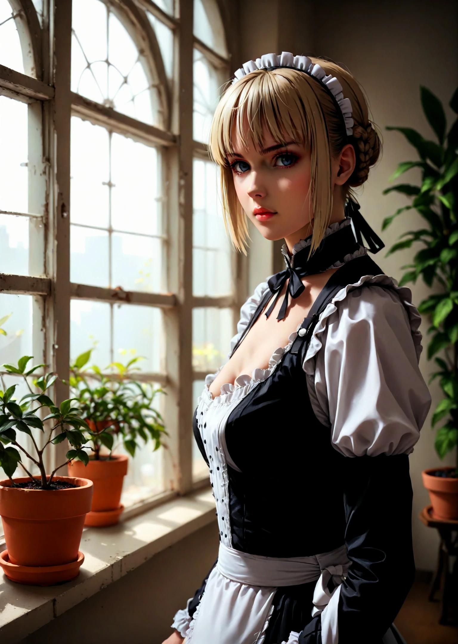 score_9, score_8_up, score_7_up, score_6_up, score_5_up, score_4_up, BREAK source_anime, 1girl, clothed, saber alter, indoors, potted plant, window, sunlight, by kasumi \(skchkko\), looking at viewer, serious, dutch angle, maid uniform, braid, double middle finger,