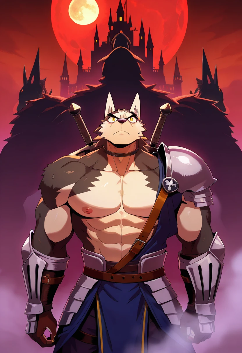(poster):1.5, (hero_wolf),male focus,solo focus,furry male,black fur,white fur,thick eyebrows,yellow eyes,((clothing,knight outfit)),,bare shoulder muscular,serious,looking up,posing,weapon on back, background, + Castle, + shadow, + fog, + in mist,,+ dark\(theme\),+ moon, detailed eyes,detailed face,detailed body, <lora:Illustrious_HeroWolf:1>, masterpiece, best quality, amazing quality
