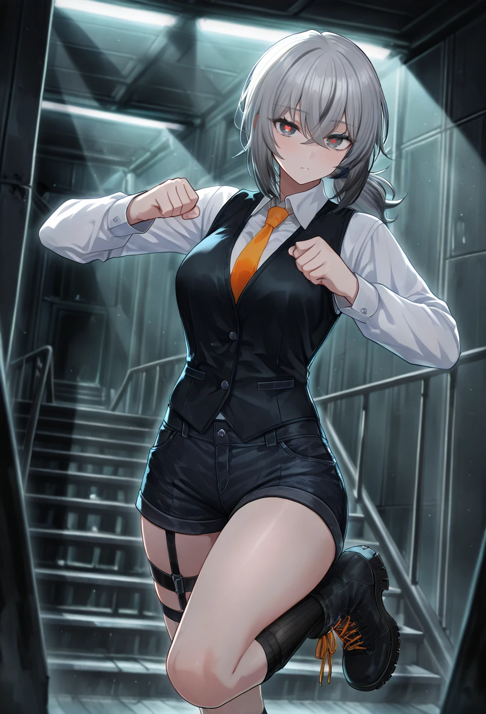 masterpiece,best quality,absurdres,volumetric lighting,1girl,solo,low ponytail,medium hair,straight hair,dark gray hair,(colored forelock:1.2),black forelock,crossed bangs,silver eyes,orange pupils,X pupils,black vest,white shirt,long sleeves,collared shirt,orange tie,black denim shorts,garter,black socks,midcalf socks,combat boots,orange shoelaces,standing on one leg,kamina pose,<lora:Limbus6:0.77>,lobcorpscousin <lora:hotarueye_xl_tareme4_v10 (1):0.5> <lora:hotarueye_xl_tsurime2_v10:0.3>