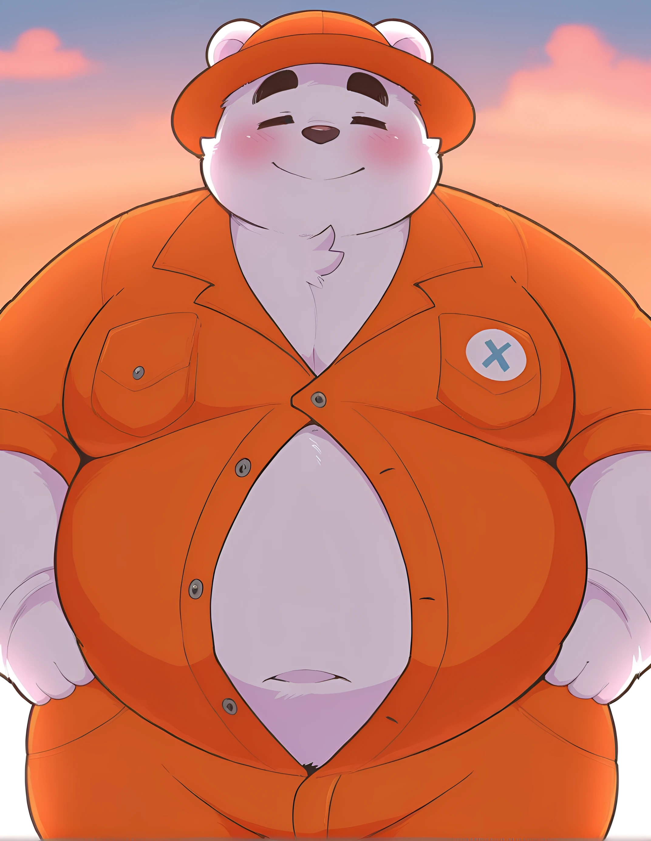 kusosensei,masterpiece, best quality, amazing quality,Sharp focus,UHD,High quality,64k,8k,white fur,solo, blush, smile, short_hair, shirt, gloves, hat, navel, animal_ears, closed_eyes, male_focus, cowboy_shot, sky, pants, cloud, white_gloves, muscular, open_shirt, thick_eyebrows, muscular_male, pectorals, bara, furry, hands_on_own_hips, plump, furry_male, straight-on, white_fur, belly, partially_unbuttoned, orange_shirt, pectoral_cleavage, fat, bear_ears, jumpsuit, yellow_headwear, fat_man, orange_headwear, big_belly, animal_ear_headwear, orange_jumpsuit, bear_boy