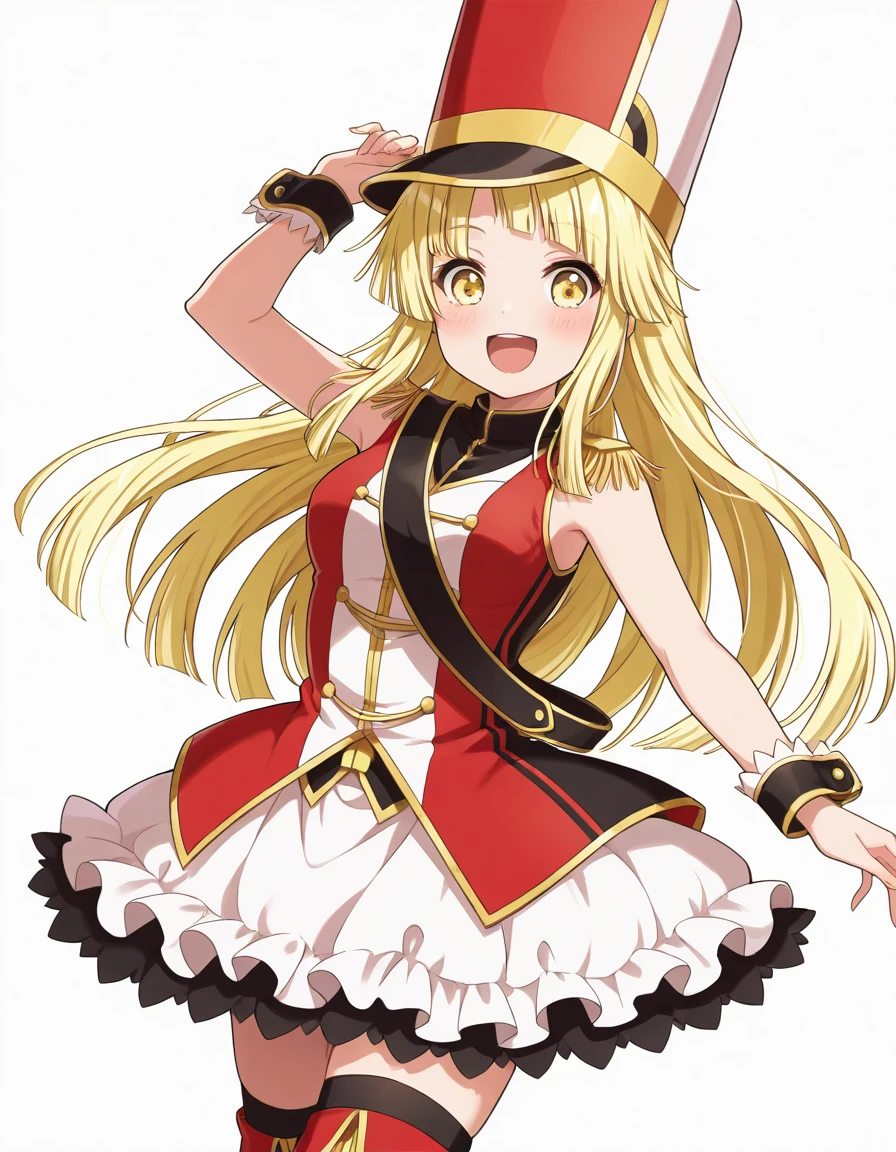 Volumetric Lighting, (masterpiece), (best quality), (ultra-detailed), illustration, ((disheveled hair, very good hair))), detailed eyes, perfect composition, moist skin, intricate details, very good lighting BREAK, Tsurumaki Kokoro, long hair, blonde hair, yellow eyes BREAK, kokorohhw, hhw skirt, hhw shako cap, hhw band uniform, hhw wrist cuffs, hhw thigh boots BREAK, ((white background)), looking at viewer, smile,open mouth, arm up, wink