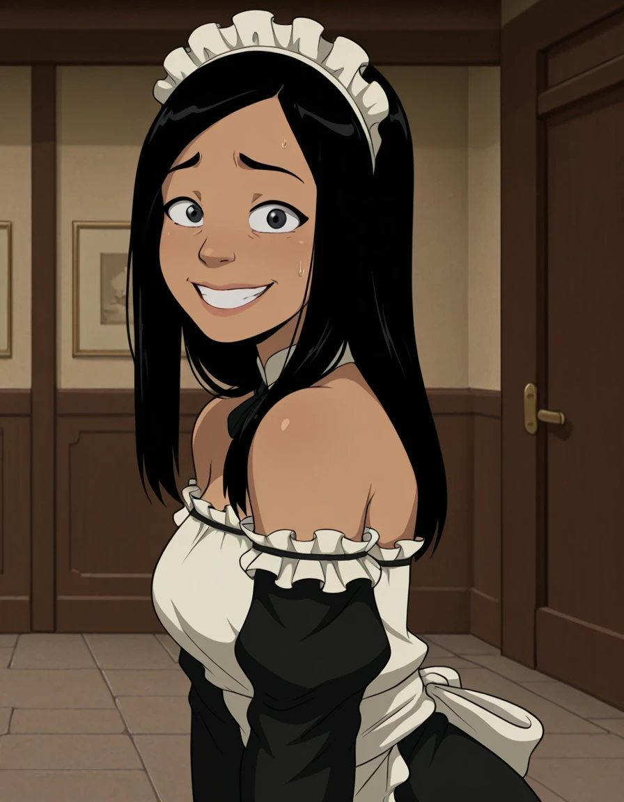 looking at viewer, smile, <lora:Joo_Dee_ATLA_IL:1> , joodeeatla, black hair, black eyes, long hair, dark-skinned female, maid outfit, dimples, grin, nervous, , maid, maid headdress, bare shoulders, masterpiece,best quality,amazing quality,