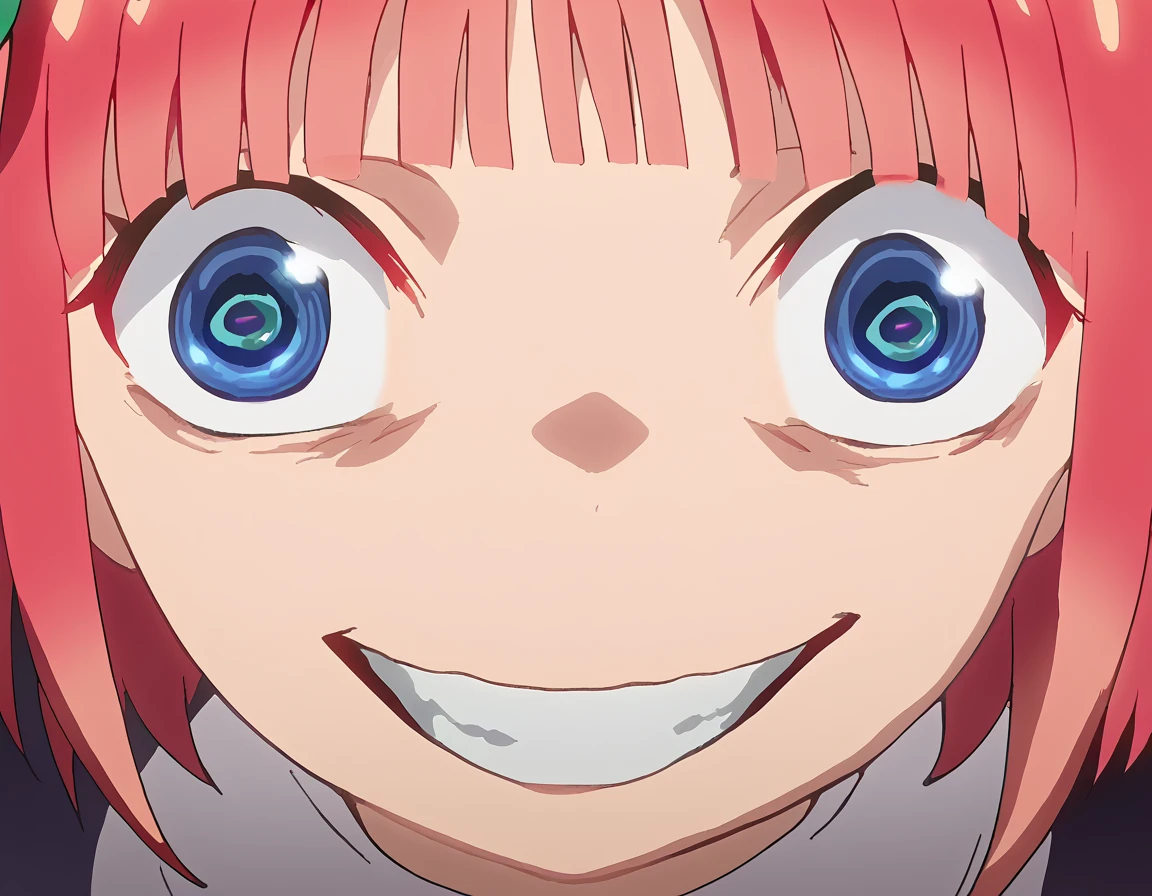 score_9, score_8_up, score_7_up, source_anime, <lora:nnakano-s2-ponyxl-lora-nochekaiser:1>, short hair, bangs, blue eyes, hair ornament, hair ribbon, pink hair, blunt bangs, two side up, butterfly hair ornament, large breasts, anime screencap,, <lora:about-to-go-insane-ponyxl-lora-nochekaiser:1>, about to go insane, looking at viewer, close-up, wide-eyed, eye focus, from above,, <lora:evil-grin-ponyxl-lora-nochekaiser:1>, evil grin, evil smile, grin, evil eyes, crazy eyes, teeth,,