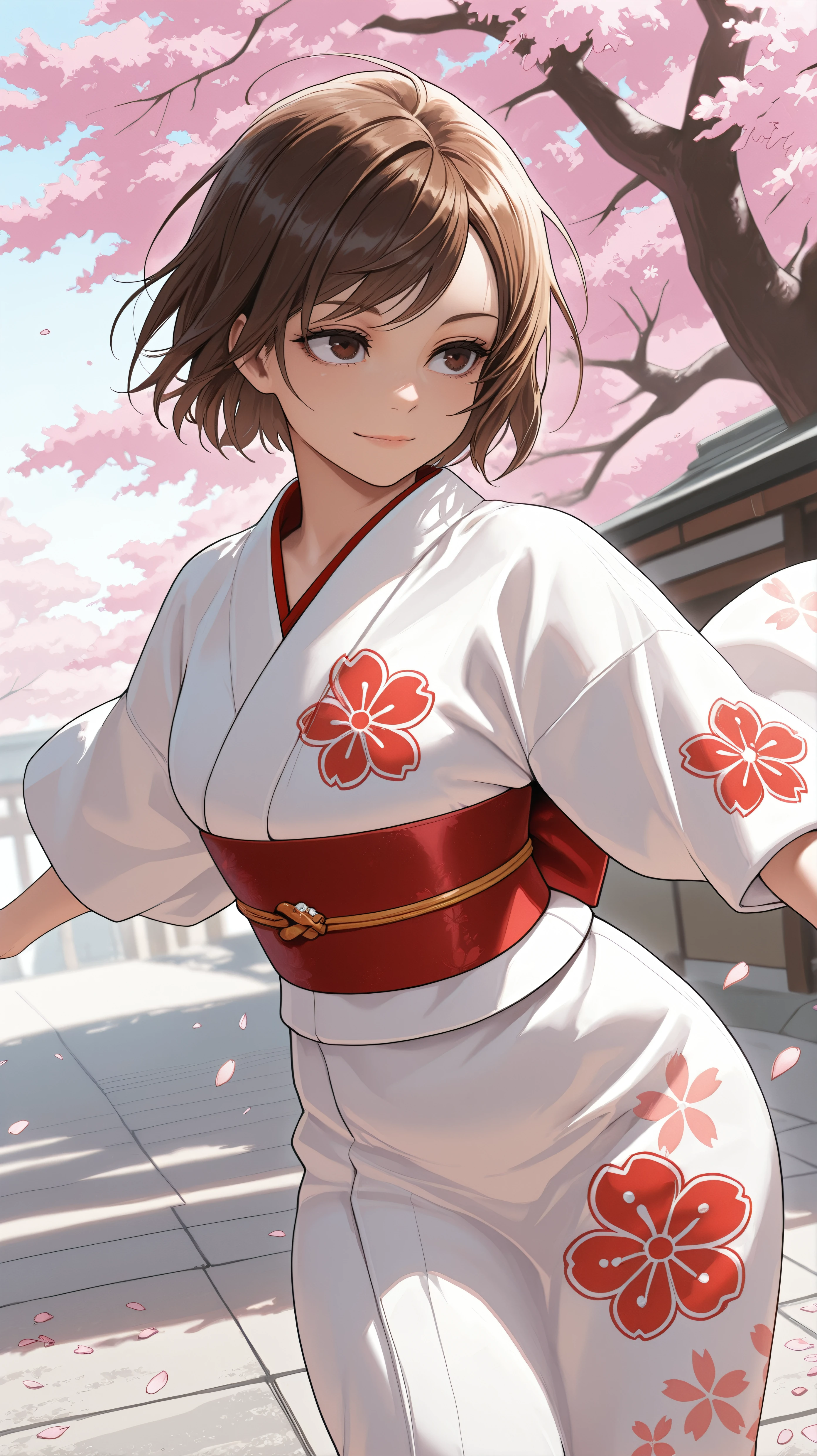 masterpiece, best quality, amazing quality, girl, dynamic pose, body bridge, <lora:Nobara - Illu:1>, short hair, brown hair, brown eyes, white kimono, flower pattern, red obi, cherry blossoms, falling pedals, light smile,