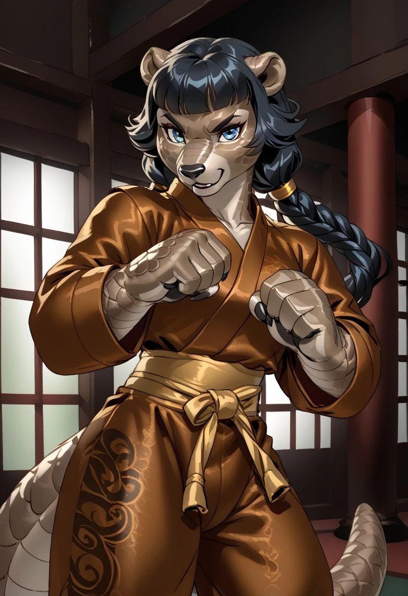 score_9, score_8_up, score_7_up, (by jailbird:1.5), (by kittydee:1.5), (by zummeng:1.5), masterpiece, best quality, (solo),
(Furry Art: anthro: pangolin:1.5), 1girl, expressive eyes, feminine eyes, <lora:beautiful_detailed_eyes:1>, perfect face, exotic mammal, plate-like scales, claws, long snout, small animal ears, brown skin, blue eyes, (black hair:1.5), (straight hair), (twintail hair), medium breasts, (kung-fu topwear:1.5), (kung-fu pants:1.5),