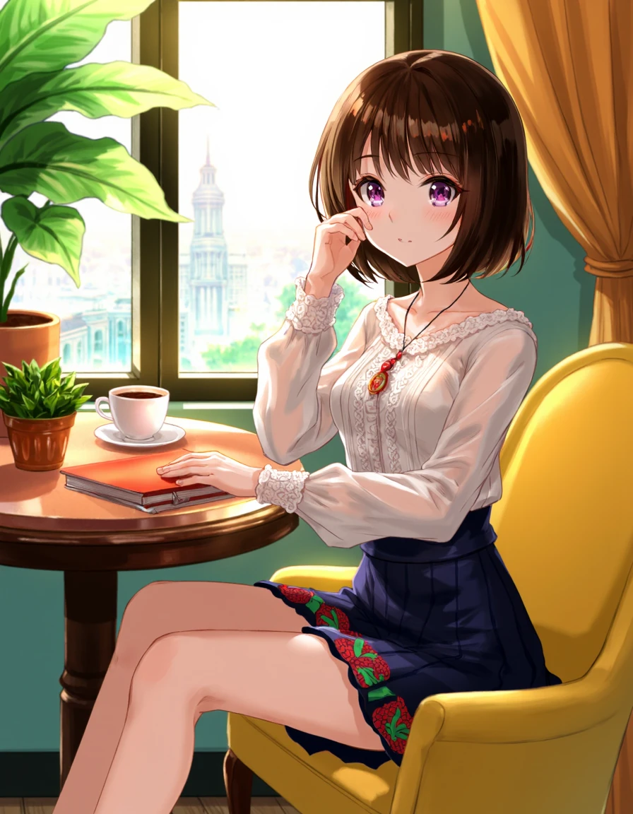 A digital illustration of a young woman with a slender build and fair skin, sitting on a yellow chair in a cozy, sunlit room. She has medium-length brown hair and large, expressive purple eyes. Her outfit consists of a white, long-sleeved blouse with a delicate lace pattern, and a short, dark blue skirt adorned with red and green floral patterns. She wears a small, red pendant necklace.
The woman is positioned in the center of the image, leaning slightly forward with her right hand resting on her cheek, and her left hand on the table. She has a gentle, contemplative expression on her face.
The background features a large window with a view of a cityscape, bathed in soft, natural light. The room is filled with warm, inviting light, and the atmosphere is serene and peaceful. A large, green plant is situated on the left side of the image, adding a touch of nature to the scene. On the table, there are a few items: a small, green plant in a pot, a red book, and a white cup filled with a dark liquid, possibly tea or coffee.
The overall style of the illustration is detailed and realistic, with a focus on the woman's delicate features and the warm, inviting atmosphere of the room.