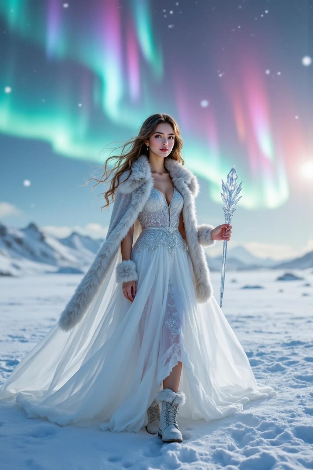 a girl, with an hourglass figure, flawless, radiant skin, and a fairy-**** face, blending European and Asian beauty standards, stands majestically in the Arctic snowy field, her charming deep eyes sparkling with elegance. Her dreamy, light brown, soft curly hair flutters in the wind, framing her face. She wears a majestic, silvery white dress that shines **** freshly fallen snow, paired with a luxurious fur cape and warm snow boots, exuding nobility and poise. In her hand, she grasps a slender, crystalline ice stick, its facets glinting in the ethereal light. Above her, a breathtaking aurora borealis dances, its vibrant colors swirling in mesmerizing patterns. The scene is bathed in a soft, luminescent glow, as if the queen of the ice and snow world has indeed descended, surrounded by an otherworldly aura. The image is a masterpiece of fantasy concept art, with intricate details, deep colors, and a sense of wonder, reminiscent of the works of Simon Stalenhag, Ash Thorp, and Loish, with a matte painting style, complementary colors, and a splash screen effect, as if rendered in Unreal Engine 5, trending on Artstation in 8k resolution.