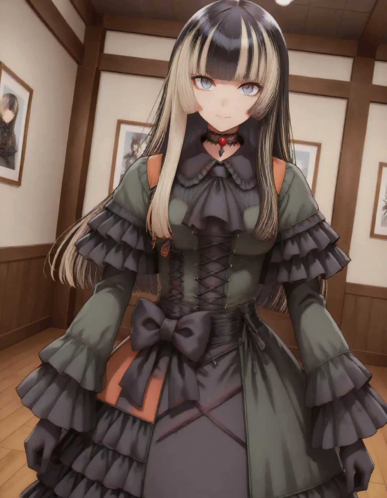 <lora:dmd2_sdxl_4step:1>,1girl,official style,masterpiece,best quality,newest,absurdres,highres,very awa,Anime,anime coloring,anime screencap,<lora:Holo_Raden:1>,juufuutei raden,solo,black hair,multicolored hair,long hair,hime cut,choker,black ascot,multicolored dress,black dress,green dress,frills,black bow,waist bow,long sleeves,black gloves,art gallery,smile,dutch angle,stylish_pose,