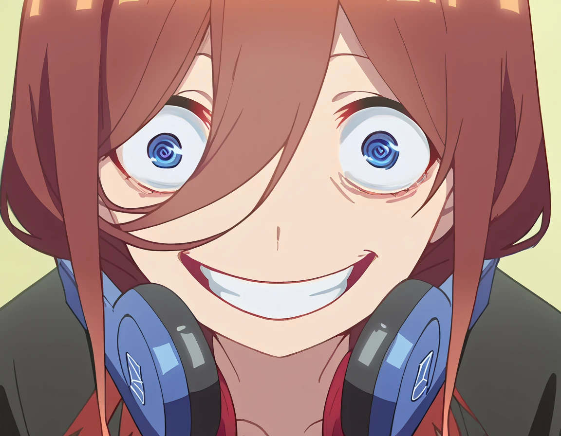 score_9, score_8_up, score_7_up, source_anime, <lora:miku-nakano-s2-ponyxl-lora-nochekaiser:1>, miku nakano, long hair, bangs, blue eyes, brown hair, hair between eyes, headphones, headphones around neck, large breasts, anime screencap, <lora:about-to-go-insane-ponyxl-lora-nochekaiser:1>, about to go insane, looking at viewer, close-up, wide-eyed, eye focus, from above,, <lora:evil-grin-ponyxl-lora-nochekaiser:1>, evil grin, evil smile, grin, evil eyes, crazy eyes, teeth,,