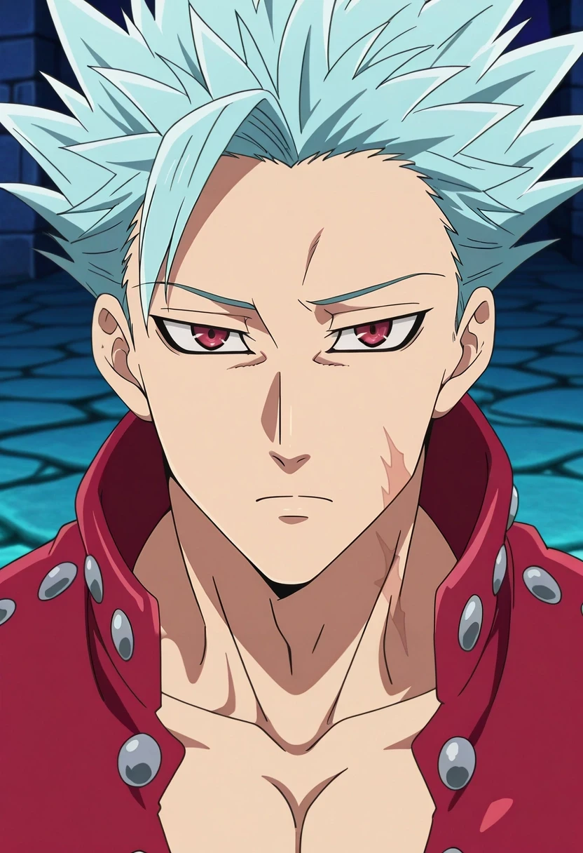masterpiece, best quality, , anime screencap, anime coloring, , looking at viewer, 1boy, solo, male focus, <lora:ban_nanatsu_no_taizai_ilxl:0.96>, ban_nanatsu_no_taizai, blue hair, red eyes, spiked hair, scar, , ,