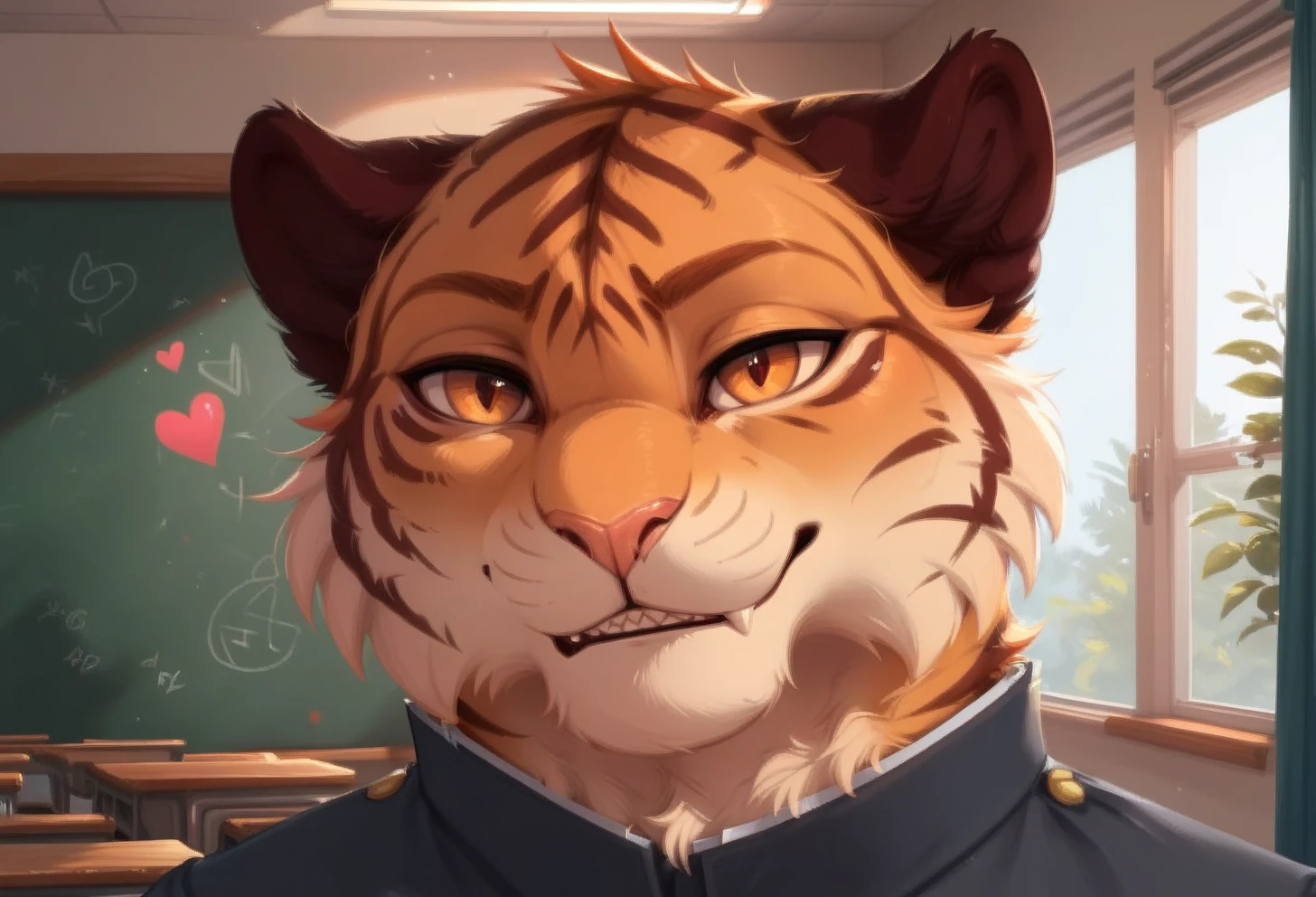 score_9, score_8_up, score_7_up, score_6_up, 1anthro, 1human, male, , furry, detailed fur, anthro, eyes, , perfect face, detailed eyes, perfect eyes, sexy, sexy boy, beautiful eyes, perfect cute face, petite body, face focus, low angle, close up, looking at viewer, face focus, indoors, detailed lighting, detailed background,
smug expression, floating hearts, eye focus, smug, pleased, mischievous, smirk, seductive pose, flirty, flirting with viewer, posing, seductive pose, posing for viewer, seductive, upper body, portrait, smiling, loving, school, classroom,
detailed eyes, perfect eyes, beautiful eyes, , bedroom eyes, detailed eyes, perfect eyes, beautiful eyes, , detailed fur, tail, eyes, realistic fur, , solo, 1 boy, young, (((handsome, detailed face and eyes))), solo, anthro, male, chubby, overweight, fat, tiger, striped fur, orange eyes, two tone fur, feline, tiger tail, long tail, Jun_Kobayashi, Jun, wearing school uniform, grey clothes, gray clothes, uniform, clothed, tiger tail visible, <lora:Jun_Kobayashi_-_Tennis_Ace:0.55>
tail, uncensored,
<lora:princess_xl_v1:1> <lora:Expressive_H:0.8> <lora:g0th1cPXL:0.45> <lora:incase-ilff-v3-4:0.3>, feline mouth, sharp teeth,
<lora:CleanDetailed_Eyes:0.25> <lora:Better_caninefeline_mouth:0.2>