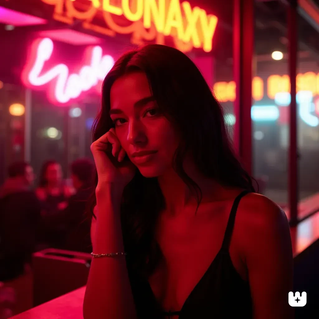 dua_lipa, neon photography of a beautiful woman, red is the dominant color