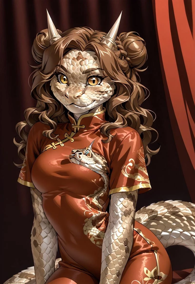 score_9, score_8_up, score_7_up, (by jailbird:1.5), (by kittydee:1.5), (by zummeng:1.5), masterpiece, best quality, (solo),
(Furry Art: anthro: saharan horned viper:1.5), 1girl, expressive eyes, feminine eyes, <lora:beautiful_detailed_eyes:1>, perfect face, snake, reptile, horned eyebrows, scales, multicolored scales, light brown scales, brown spots, white scales, snake eyes, yellow eyes, (brown hair:1.5), (wavy hair), (chinese hair buns), medium breasts, (chinese style shirt:1.5), (tight pants:1.5),