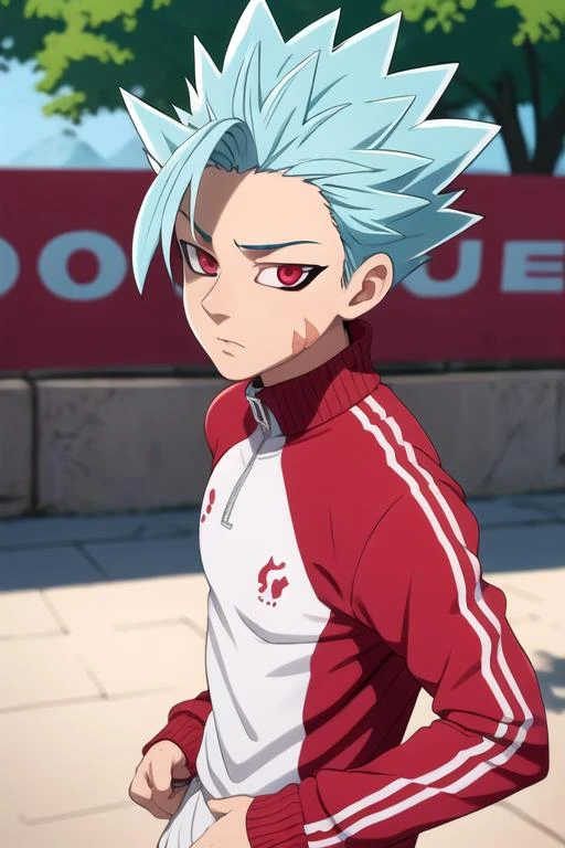 masterpiece, best quality, ultra-detailed, illustration, 1boy, solo, male focus, looking at viewer, upper body, depth of field, <lora:ban_nanatsu_no_taizai:0.76>, ban_nanatsu_no_taizai, spiked hair, red eyes, blue hair, , track suit