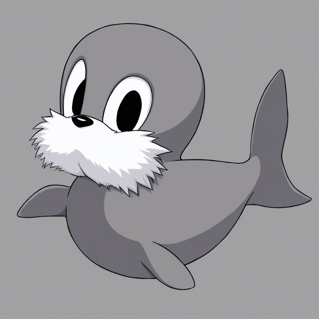 Rocky the Seal, gray body fur, white muzzle fur, gray tail, black eyes