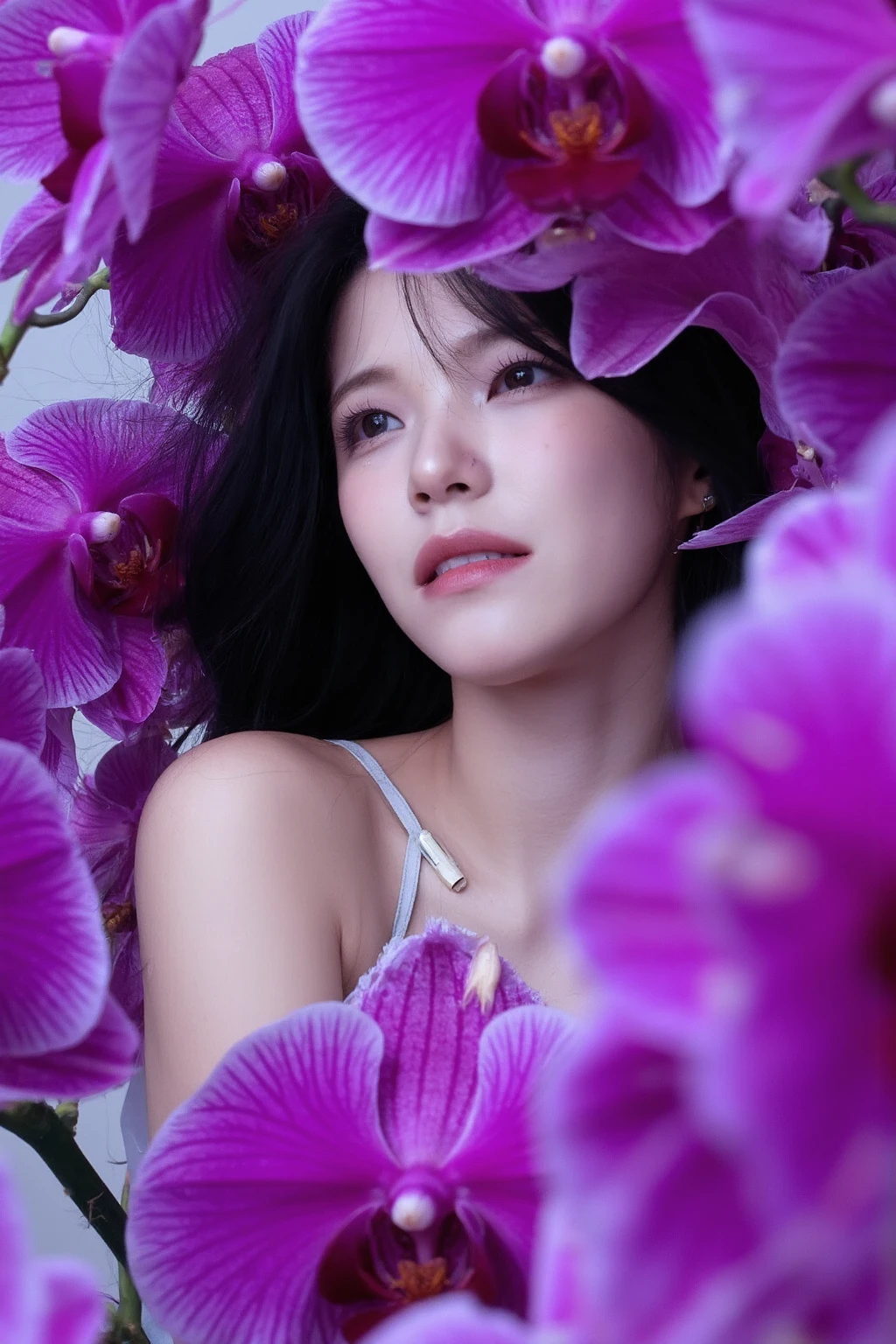 The image showcases a young asian woman. She is positioned against a strikingly vibrant purple background, which is filled with large violet orchids. The flowers dominate the composition, adding a dramatic and intense contrast to her skin tone and overall appearance.
The woman is dressed in sleeveless dress, Her expression is calm and slightly mysterious, with her gaze directed slightly to the side, away from the camera. The large flowers, some of which overlap with her figure, create a dreamy and surreal atmosphere, as if she is blending into or emerging from the floral background., <lora:flux_realism_lora:1>, <lora:makinaflux_jiheon_v1.0:1>