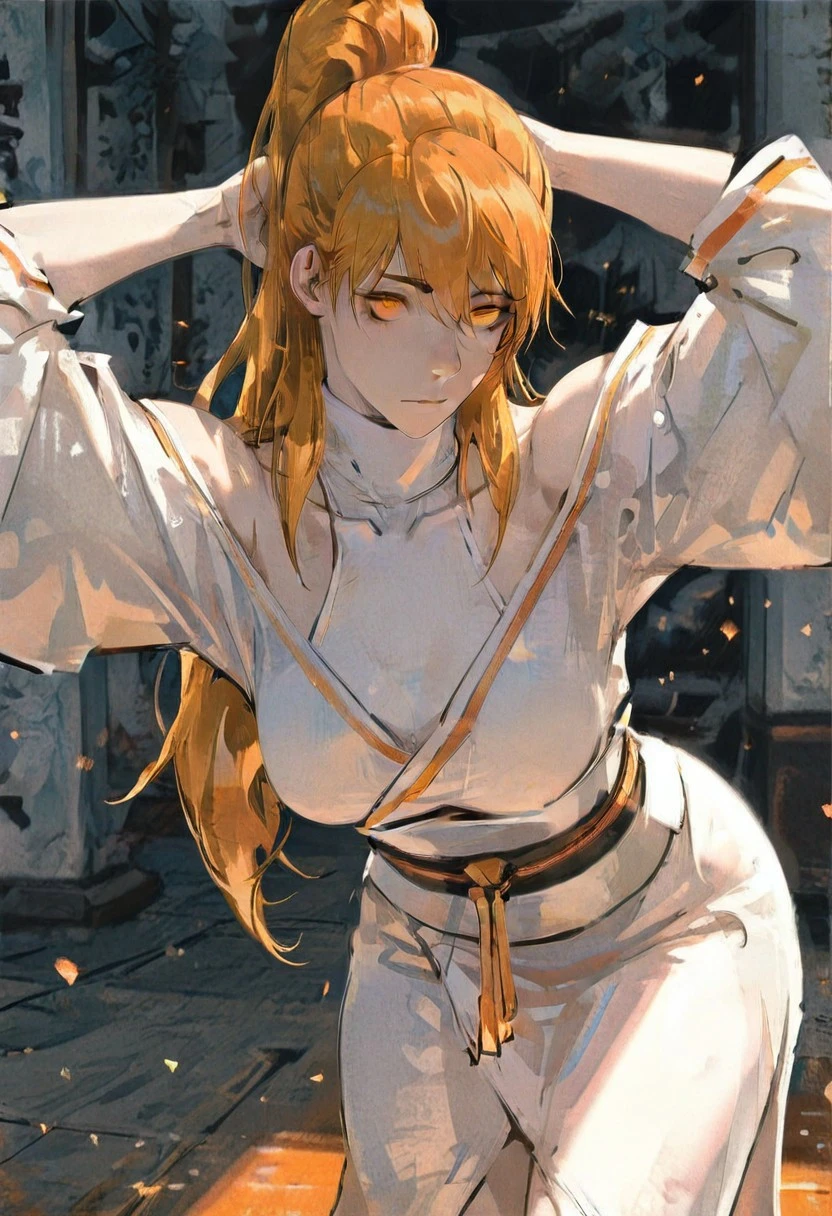 masterpiece, best quality, absurdres, highres,
xiaoninger, 1girl, ponytail, long hair, orange hair, bangs, orange eyes, bare shoulder, breasts, collarbone, hair between eyes, white dress, kimono, sash, two tones dress, turtleneck, realistic, (3d:0.6),
masterpiece, best quality, amazing quality,
dim lighting, dynamic pose, leaning forward, 1girl, arm behind head, looking at viewer, arms up,
glowing theme, light embers