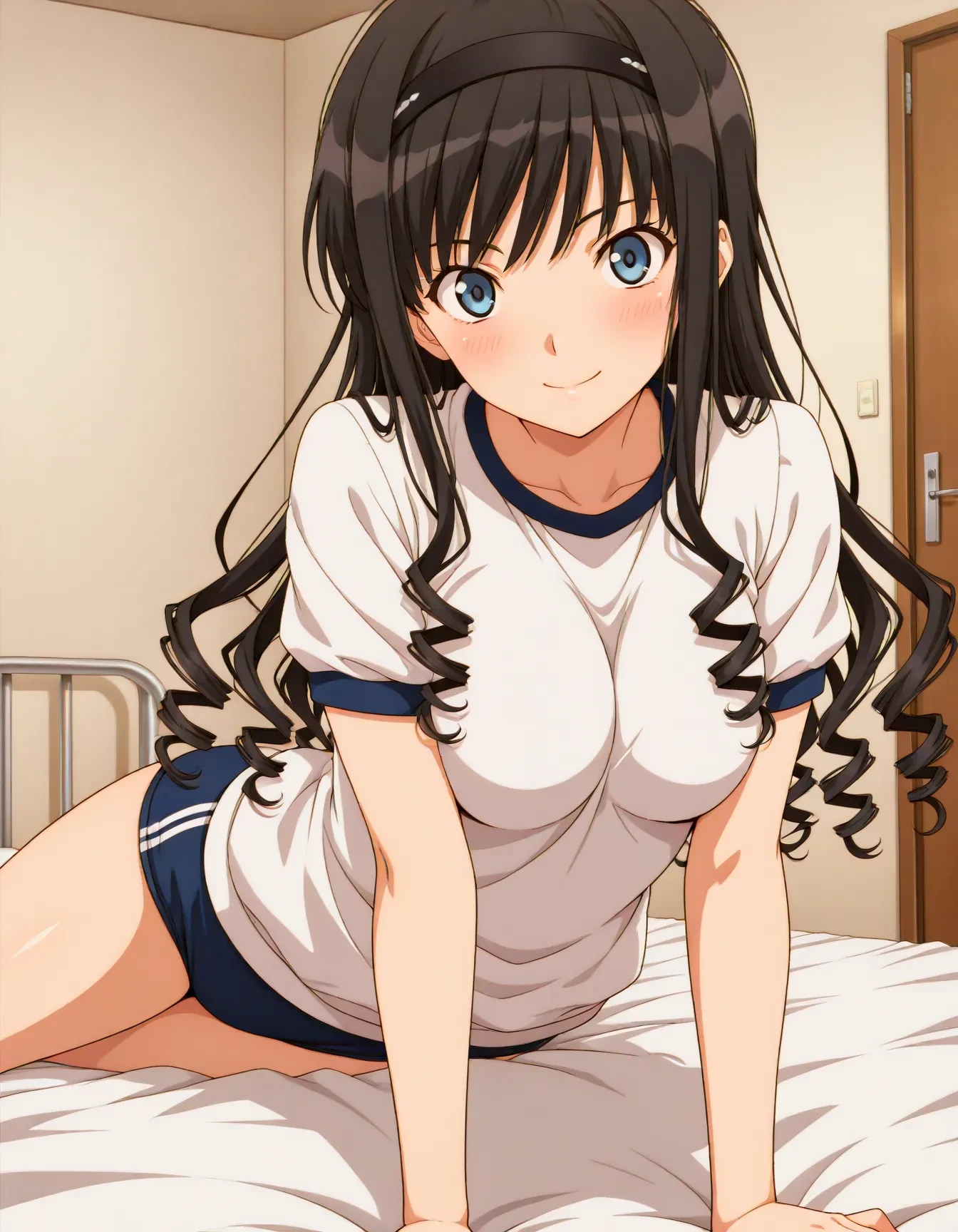 <lora:dmd2_sdxl_4step:1>,1girl,official style,masterpiece,best quality,newest,absurdres,highres,very awa,Anime,anime coloring,anime screencap,<lora:Haruka:1>,morishima haruka,black hair,drill hair,long hair,blue eyes,medium breasts,black hairband,smile,stylish_pose,one eye closed,white shirt,blue_buruma,on stomach,