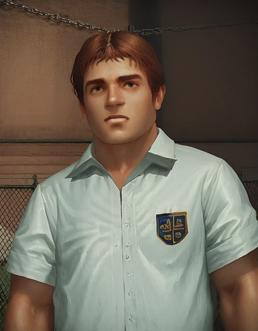 score_9, score_8_up, score_7_up, masterpiece, <lora:HKHorrorXL:1> <lora:sn0wStyle:1>1boy, male focus, solo, shirt, upper body, realistic, fence, white shirt, short sleeves, collared shirt, brown hair, chain-link fence, uniform, short hair, police, russell northorp, big<lora:Russell_Northorp_Bully:1>