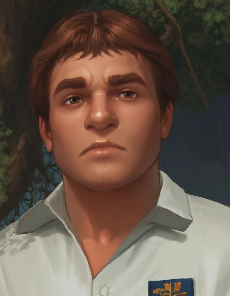 score_9, score_8_up, score_7_up, masterpiece, <lora:HKHorrorXL:1> <lora:sn0wStyle:1>1boy, solo, male focus, brown hair, shirt, realistic, tree, closed mouth, collared shirt, white shirt, short hair, portrait, russell northorp<lora:Russell_Northorp_Bully:1>
