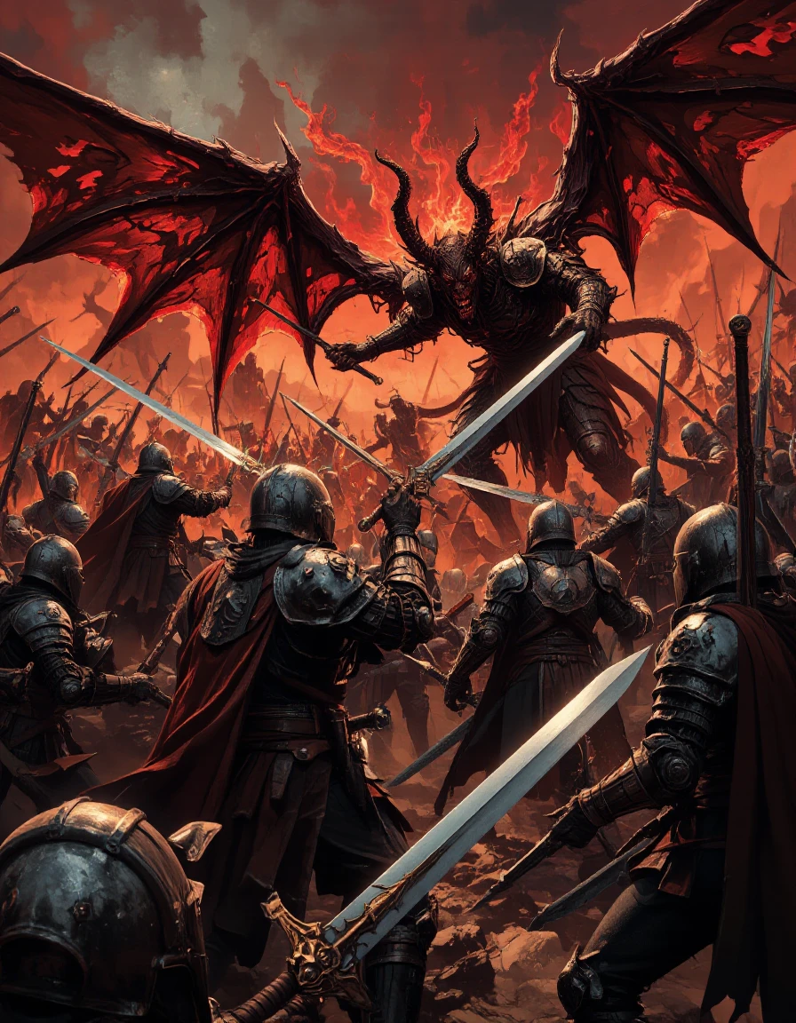 medieval war, fantasy, many soldiers with sword and armors encountering devil king, epic battle, landscape, crowds