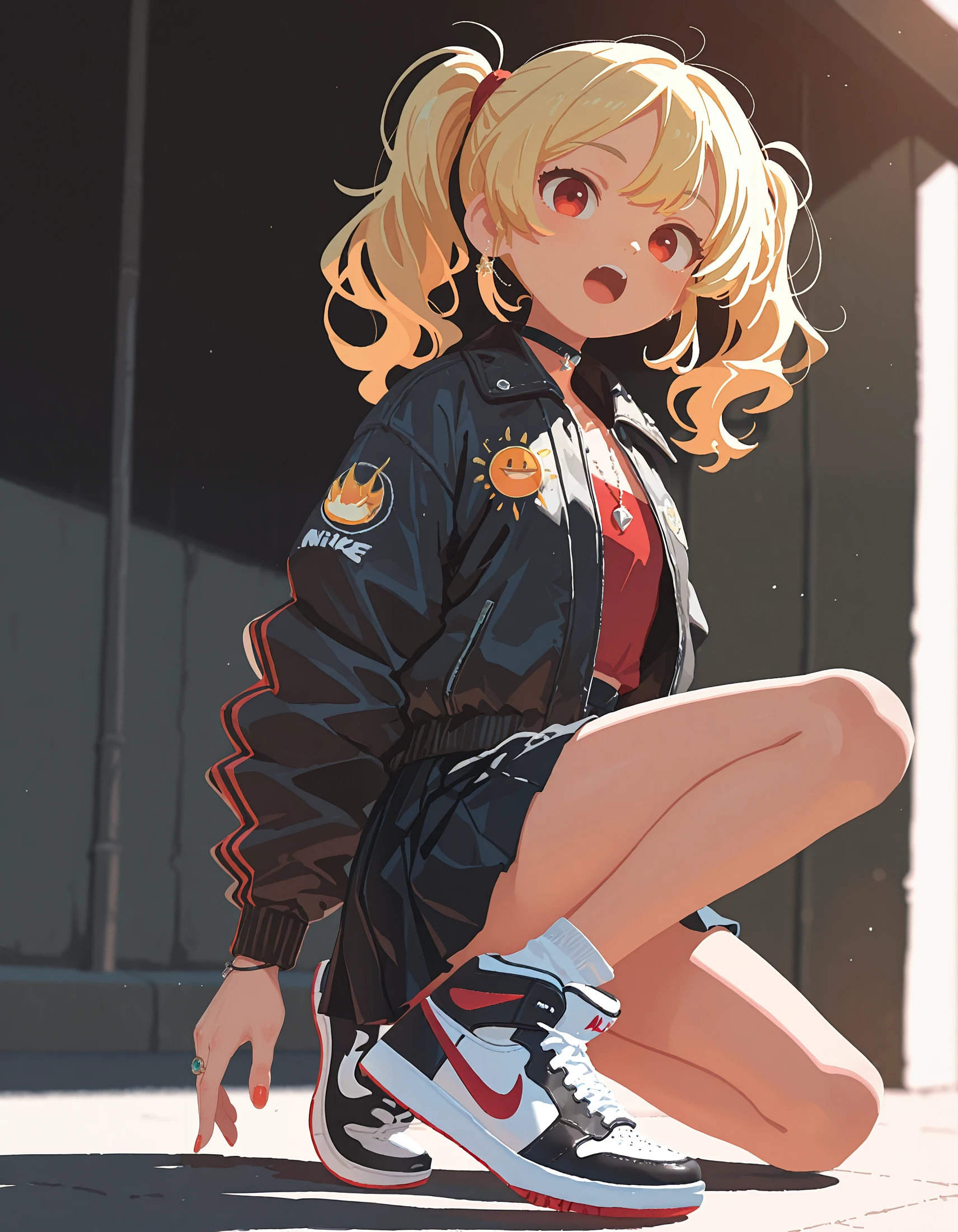 intricate details,masterpiece, very aesthetic, absurdres, <lora:t4kar4i_shunsuk3:1>,t4kar4i_illu, no_outlines,no lineart,1girl, blonde hair, solo, twintails, red eyes, skirt, jacket, jewelry, open mouth, nike footwear,soft_lighting,depth of field, sun_light,