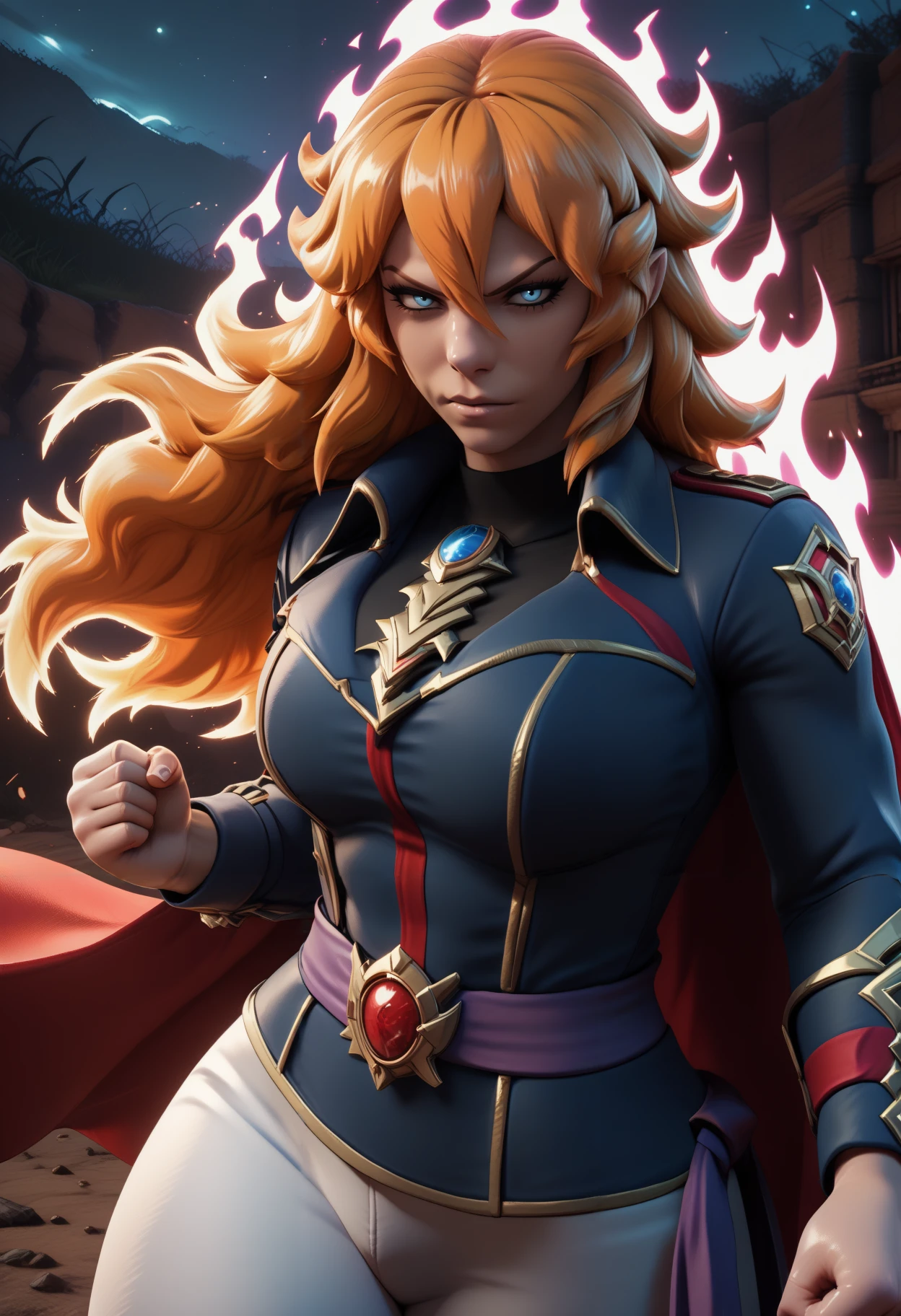 masterpiece, best quality, 3d, shiny skin, newest, hdr, dark, night, outdoors, red moon, desert, 1girl, solo, mereoleona vermillion, blue eyes, hair between eyes, orange hair, long hair, spiked hair, fang, blue jacket, long sleeves, red cape, chest sarashi, white pants, purple sash, (aura, energy:1.6), energy overflow, aura overflow, glowing, floating hair, electricity, powering up, fighting stance, clenched hands, shouting, angry, torn clothes, torn pants, torn shirt