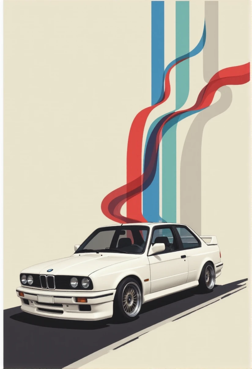 A clean and minimalist vector-style illustration of a BMW e30 M3 car. The design features the car in low angle view with sharp, precise lines. Background includes the iconic BMW M stripes (blue, light blue, and red) in a simple and modern layout. The overall style is vintage yet elegant, with a focus on simplicity and class. The illustration has no excessive details or busy elements, emphasizing a clean and stylish look. inspired by Gerd Arntz