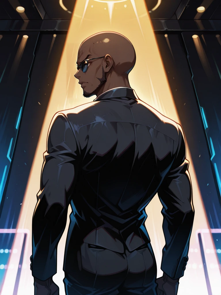 <lora:B._A._Reynald:1>,Reynald,1boy,bald,solo,
fitted suit,sunglasses,nightclub,stern,guarding,dark lighting,neon,listening,from behind,looking back over shoulder,
masterpiece,best quality,ultra detailed