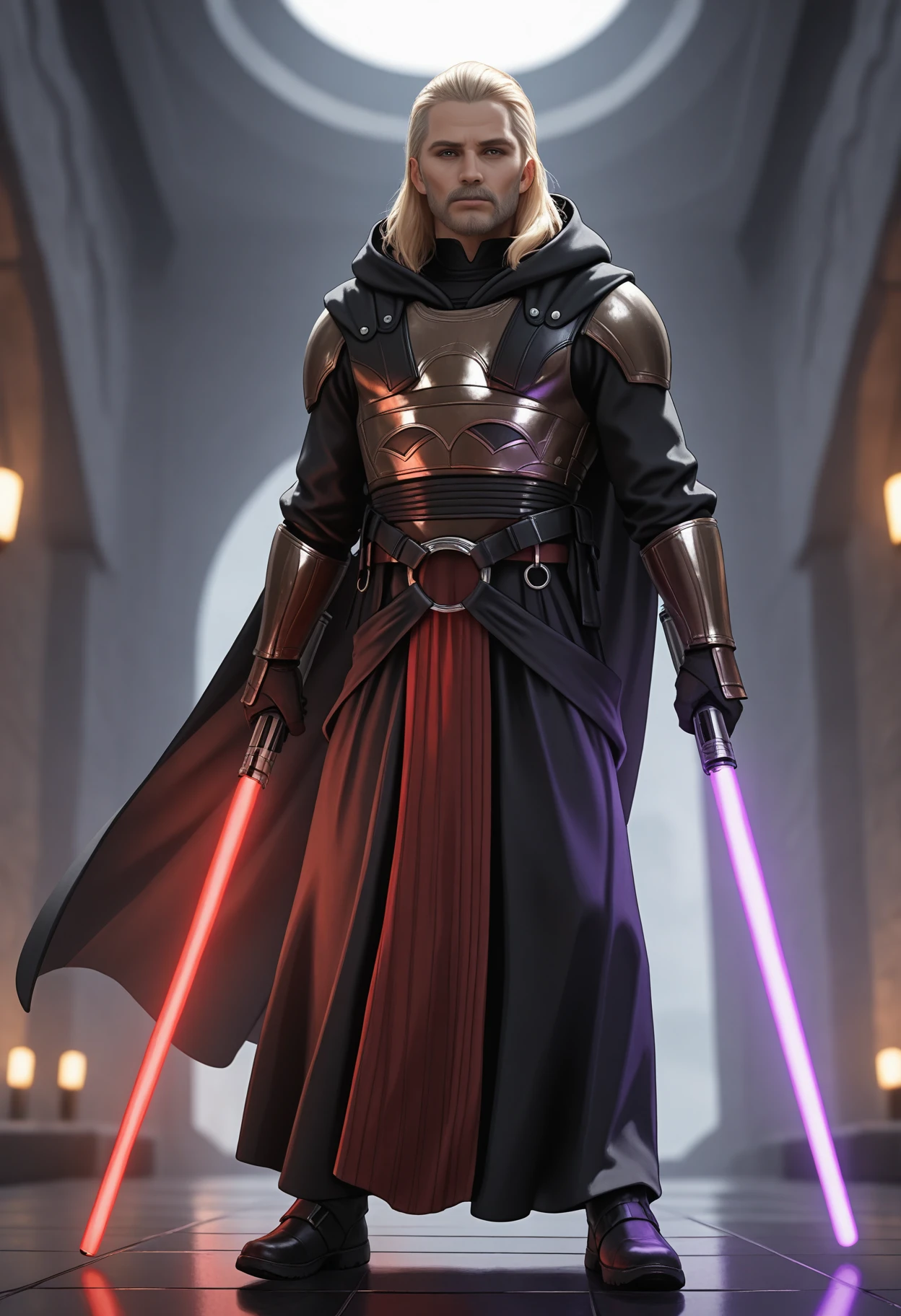 ((masterpiece, best quality, newest, absurdres, highres)),
1boy, solo, geralt of rivia,
star wars,
depth of field, realistic,
<lora:Dark_RevanArmor_Illust:0.8> d4rkr3v4n4rm0r, black robe, cape, hood down, breastplate, gauntlets, belt, pants, belt boots, holding lightsaber, dual wielding, purple lightsaber, red lightsaber,