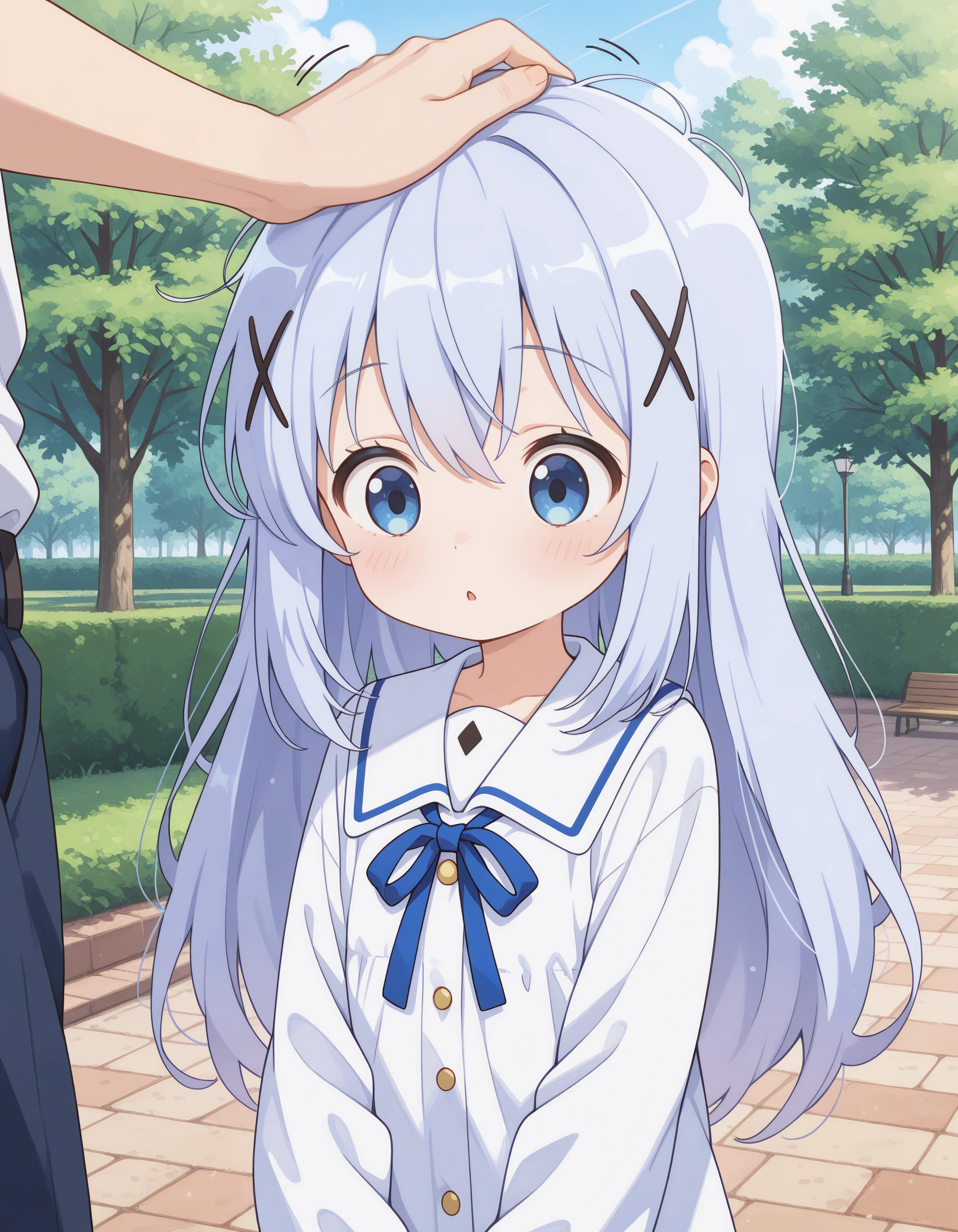 1girl, blue eyes, chino_kafu, periwinkle colored hair, tiny, cute, innocent, long hair, hair ornament, outdoor, park, looking down, awe expression, innocent, 1 boy, head pat, (clothed, ultra kawaii), hdr, low contrast,
masterpiece, best quality, absurdres, masterpiece, highres, perfect anatomy, anime style, anime screenshot, 8k wallpaper, ultra high quality, (extremely detailed cg), perfect lighting, (sharp image), dynamic angle