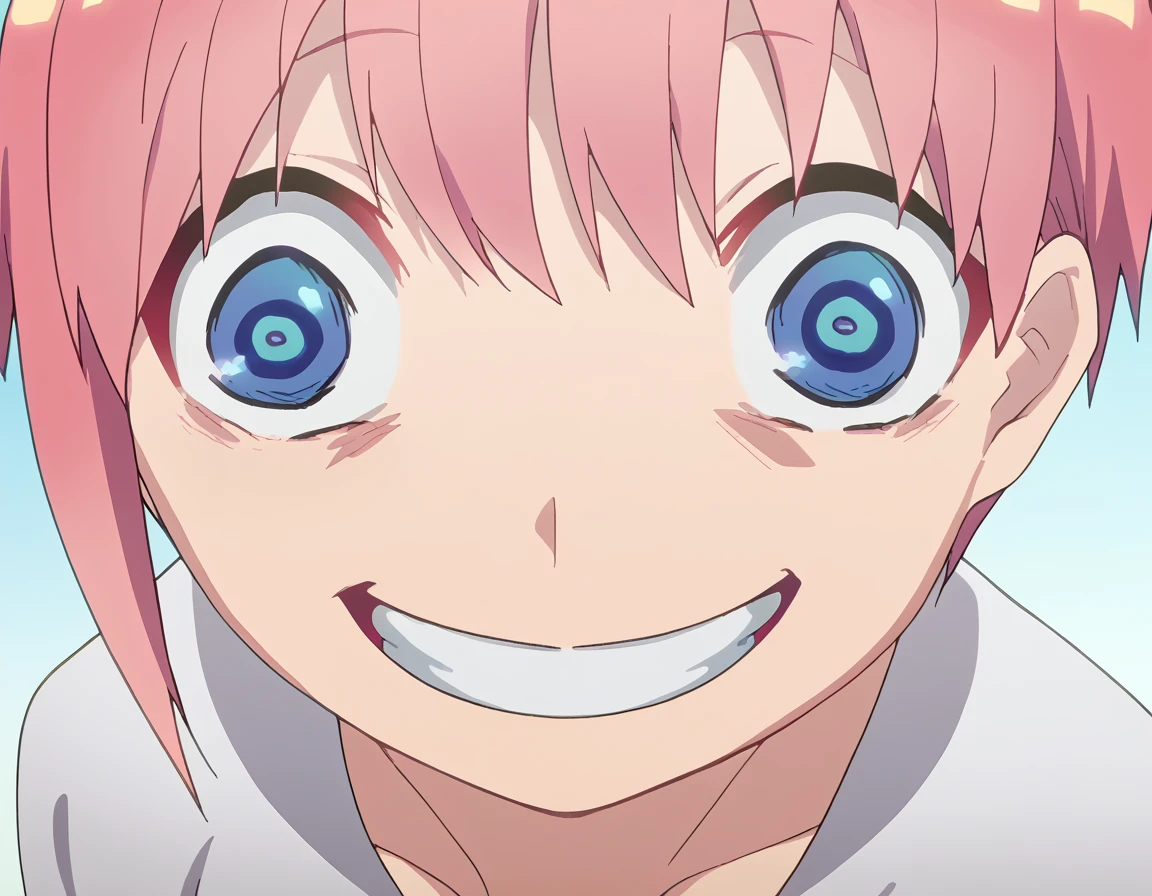 score_9, score_8_up, score_7_up, source_anime, <lora:ichika-nakano-s2-ponyxl-lora-nochekaiser:1>, ichika nakano, short hair, bangs, blue eyes, hair between eyes, pink hair, pixie cut, large breasts, anime screencap, <lora:about-to-go-insane-ponyxl-lora-nochekaiser:1>, about to go insane, looking at viewer, close-up, wide-eyed, eye focus, from above,, <lora:evil-grin-ponyxl-lora-nochekaiser:1>, evil grin, evil smile, grin, evil eyes, crazy eyes, teeth,,
