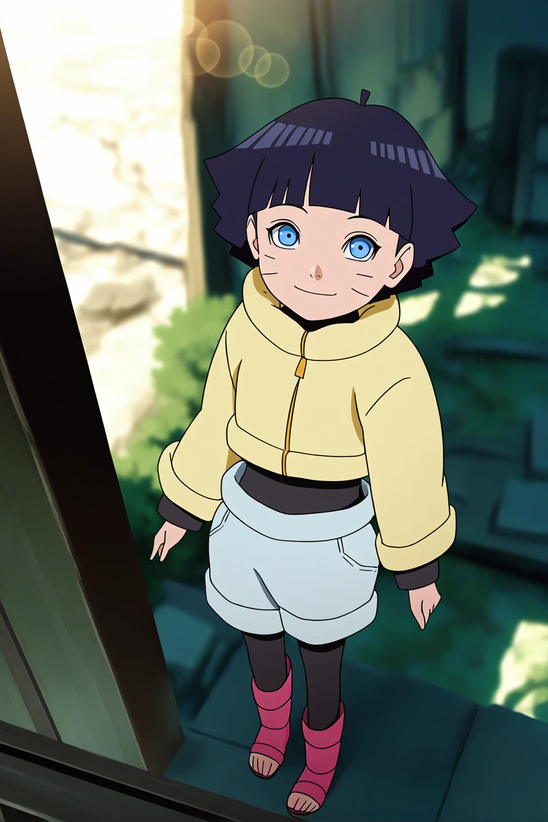 sharp focus, pixiv masterpiece, source_anime, score_9, score_8_up, score_7_up, score_6_up, absurd res, BREAK
<lora:Himawari_Uzumaki_IL_v1-000012:0.9>,uzumaki_himawar1_illu, 1girl, solo, dark_blue_hair, short_hair,yellow jacket, sunny day, looking at viewer, grey_shorts, black leggings, full body, outside, abandoned village, from above, bokeh, blurry background, faint smile, pink shinobi_sandals