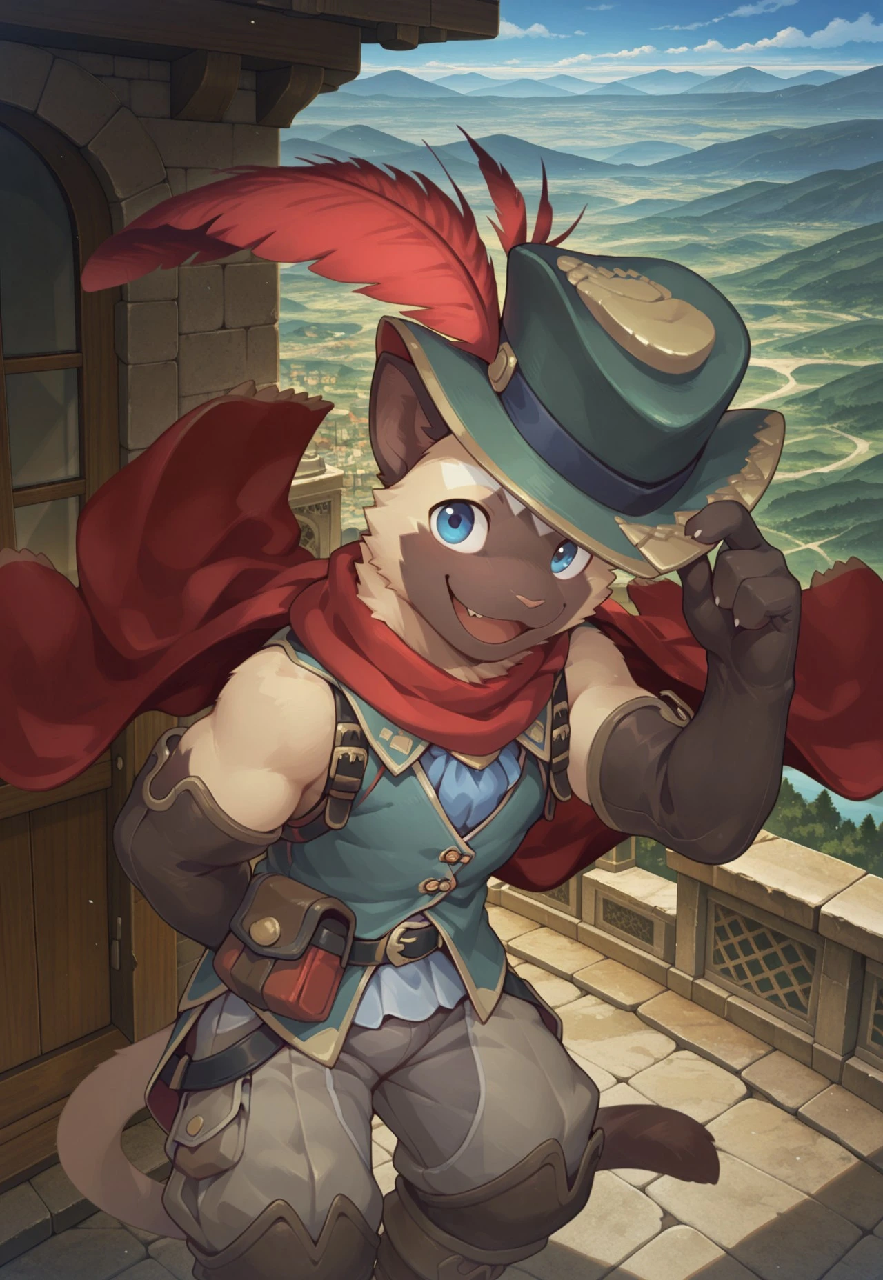 safe_pos, source_anime, furry, 1boy, solo, cyrus, cat boy, blue eyes, smile, leaning forwards, bent over, open mouth, removing hat feather from head, hat off, vest, pants, red cape, belt, pouch, elbow gloves, view from above, view from side, looking at viewer, outdoors, masterpiece, best quality, amazing quality