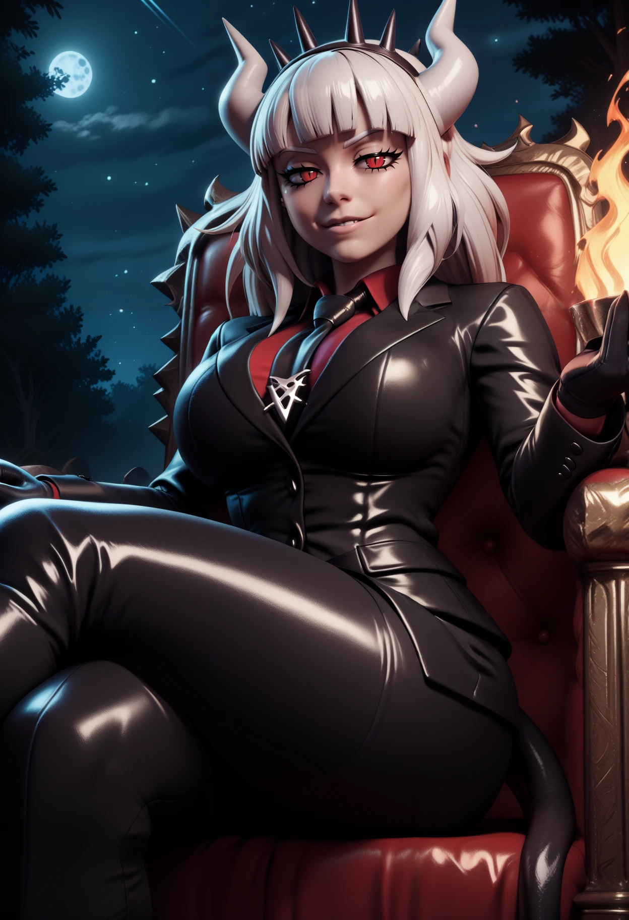 masterpiece, best quality, 3d, shiny skin, newest, hdr, dark, night, moonlight, star \(sky\), outdoors, looking at viewer, 1girl, solo, lucifer \(helltaker\), black suit, red necktie, black collared shirt, black gloves, blunt bangs, demon horns, demon girl, demon tail, sharp teeth, red eyes, white hair, long hair, sitting on throne, fire, red moon, looking at viewer, smug, grin, crossed legs,
