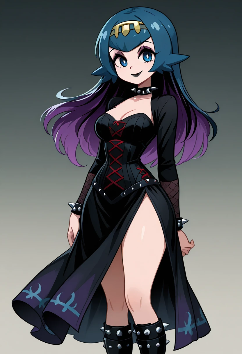 masterpiece, best quality, medium breasts, (curvy), BREAK, zzLana, yellow hairpiece, <lora:LanaPokemonIXL_e06:1.0>, two-tone hair, purple hair, makeup, eyeshadow, black lips, dress, black boots, knee boots, spikes, spiked collar, gothic,smile, looking at viewer, cowboy shot, <lora:Vampie_IXL:1.0>,