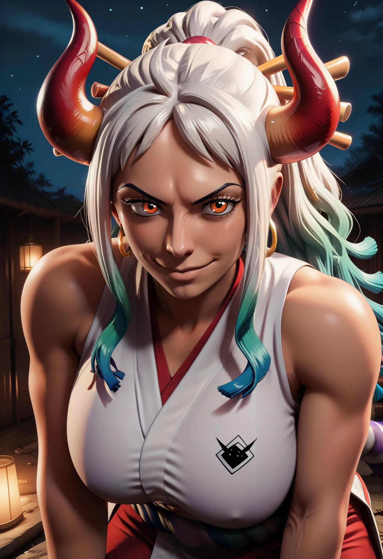masterpiece, best quality, 3d, shiny skin, newest, hdr, dark, night, outdoors, red moon, desert, 1girl, solo, yamato \(one piece\), curled horns, red horns, multicolored horns, orange eyes, white hair, green hair, long hair, multicolored hair, aqua hair, gradient hair, blue hair, sidelocks, ponytail, high ponytail, hair stick, large breasts, sleeveless kimono, bare shoulders, hoop earrings, earrings, shimenawa, toned, holding metal baseball bat, incoming attack, foreshortening, dynamic pose, smug, grin, eye trail, light trail
