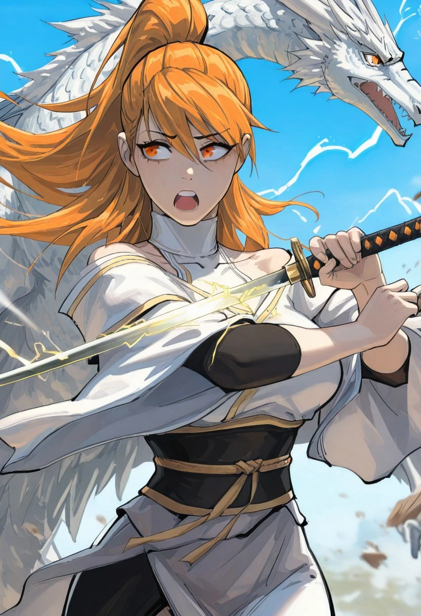 klskx ,
masterpiece, best quality, amazing quality,
xiaoninger, 1girl, ponytail, long hair, orange hair, bangs, orange eyes, bare shoulder, breasts, collarbone, hair between eyes, white dress, kimono, sash, two tones dress, turtleneck,
1girl, blurry, blurry background, animal, blue sky, dancing, day, depth of field, dual wielding, winged dragon, floating hair, winged dragon, lightning katana, hand lightning katana, holding, holding katana, lightningkinesis, outstretched arm, oversized animal, school of winged dragon, sideways glance, sky, solo, upper body, wind lightning, wide sleeves, wind, perfect eyes, looking away, yelling,