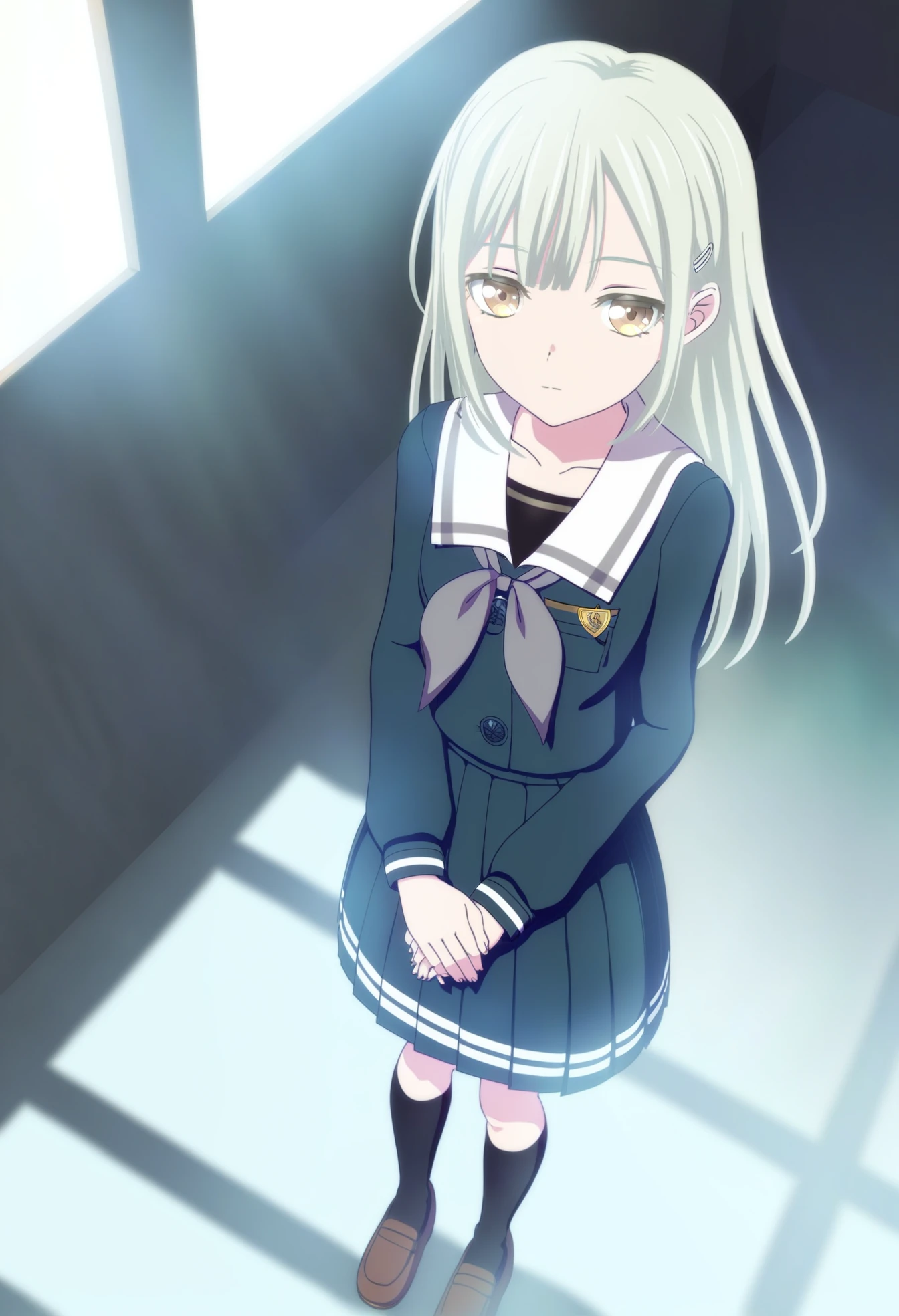 score_9,score_8_up,score_7_up,
spotlight,bright environment,day,sunlight,window,classroom,
maiden,senior high school student,a slim figure,small breasts,
1girl,solo,looking at viewer,own hands together,standing,expressionless,closed mouth,sidelocks,cinematic_angle,dynamic_angle,upper_body,portrait,
<lora:Wakaba MutsumiV1:1>,hairclip,Wakaba Mutsumi,senioor uniforrm1,green hair,long hair,yellow eyes,green shirt,school uniform,skirt,socks,pleated skirt,serafuku,loafers,black socks,neckerchief,full body,brown footwear,grey neckerchief,shoes,kneehighs,sailor collar,long sleeves,shirt,white sailor collar,