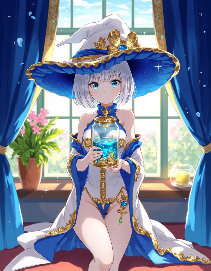 A digital illustration featuring a young woman with pale skin and silver hair styled in a bob cut, wearing a large, elaborate witch's hat adorned with blue and gold accents. She is dressed in a long, flowing dress with a high collar and a slit on the side, revealing a thigh. The dress is primarily white with gold and blue accents, and she wears a gold pendant with a blue gem at her chest. She has a serious expression, holding a tall, slender glass jar filled with a blue liquid and small fish. The jar has intricate gold designs and is held with both hands.
The background is a bright, sunlit room with large windows, through which light filters. A potted plant with green leaves and pink flowers is visible on the left. The room has a soft, warm glow, and the overall scene is magical and serene. The woman is framed by a blue curtain, adding to the mystical atmosphere. The artwork is highly detailed and has a vibrant, colorful palette with a focus on blue and gold tones. The style is reminiscent of anime or manga, with clean lines and a polished finish.