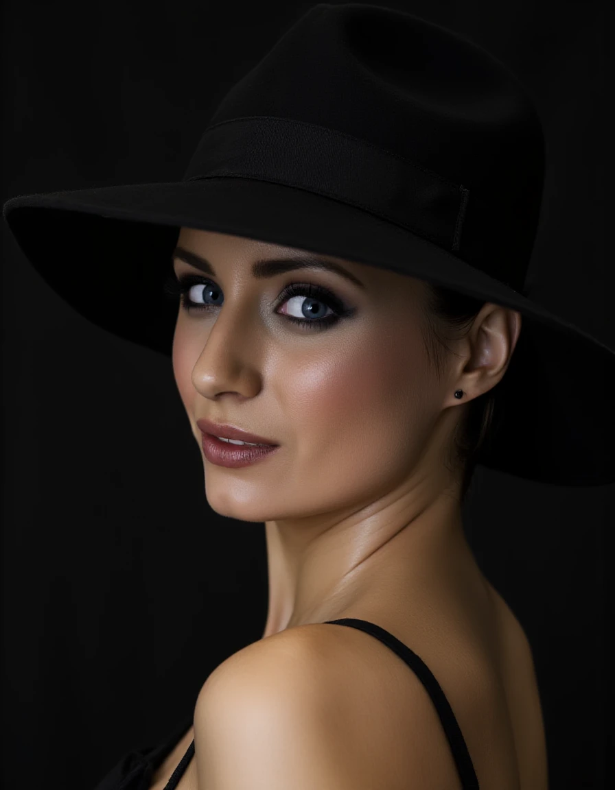 <lora:Sammy_Braddy:1>, portrait of an elegant woman wearing hat, noir style, parted lips, seductive gaze, looking at viewer
