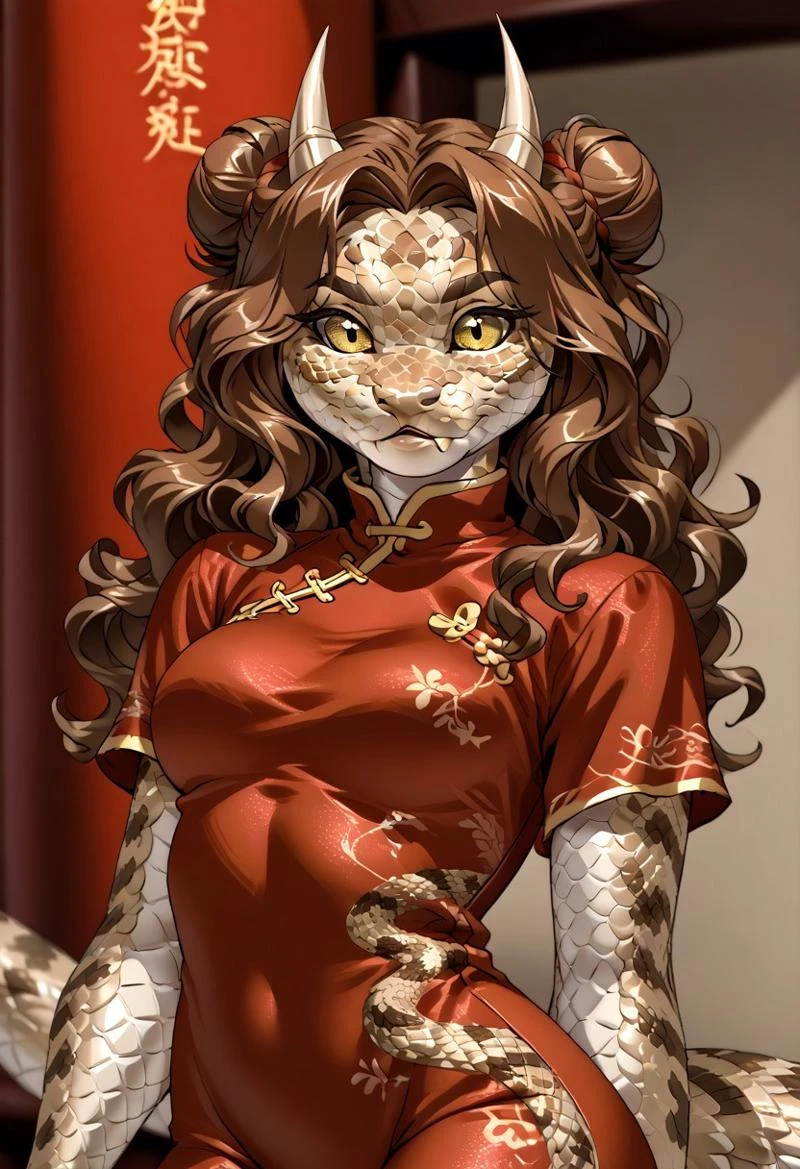 score_9, score_8_up, score_7_up, (by jailbird:1.5), (by kittydee:1.5), (by zummeng:1.5), masterpiece, best quality, (solo),
(Furry Art: anthro: saharan horned viper:1.5), 1girl, expressive eyes, feminine eyes, <lora:beautiful_detailed_eyes:1>, perfect face, snake, reptile, horned eyebrows, scales, multicolored scales, light brown scales, brown spots, white scales, snake eyes, yellow eyes, (brown hair:1.5), (wavy hair), (chinese hair buns), medium breasts, (chinese style shirt:1.5), (tight pants:1.5),