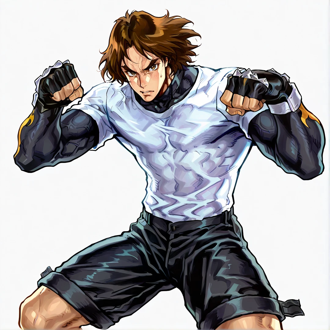 Drawing,1boy,solo,masterpiece,best quality, very aesthetic, absurdres, amazing quality, high resolution, ultra-detailed, absurdres, volumetric lighting,cowboy shot,fighting stance,closed fist ,looking_at_viewer, simple_background, white_background,BREAK
<lora:Yugo_The_Wolf__Bloody_Roar-000007:1>, yugo, yugo the wolf,brown eyes, official style, White tshirt, black long sleeves longsleeve,fingerless gloves, black shorts,BREAK
<lora:Kinu_Nishimura_-_Better_version-000037:1> kinu ,Nishimura,BREAK
