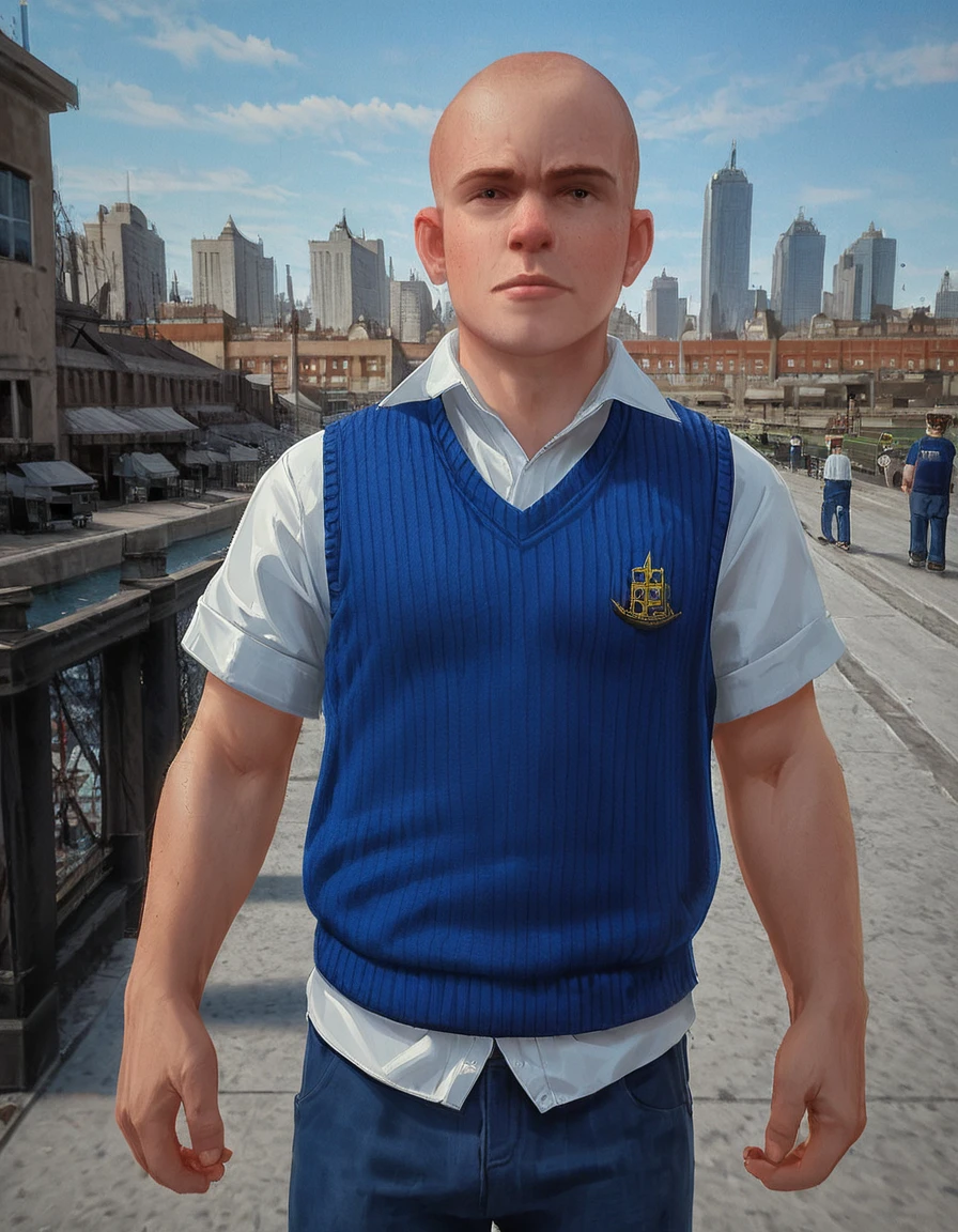 score_9, score_8_up, score_7_up, masterpiece, <lora:HKHorrorXL:1> <lora:sn0wStyle:1>1boy, bald, male focus, solo, sweater vest, realistic, photo background, shirt, outdoors, white shirt, vest, building, pants, sky, parody, short sleeves, city, jimmy hopkins<lora:Jimmy_Hopkins_Bully:0.8>