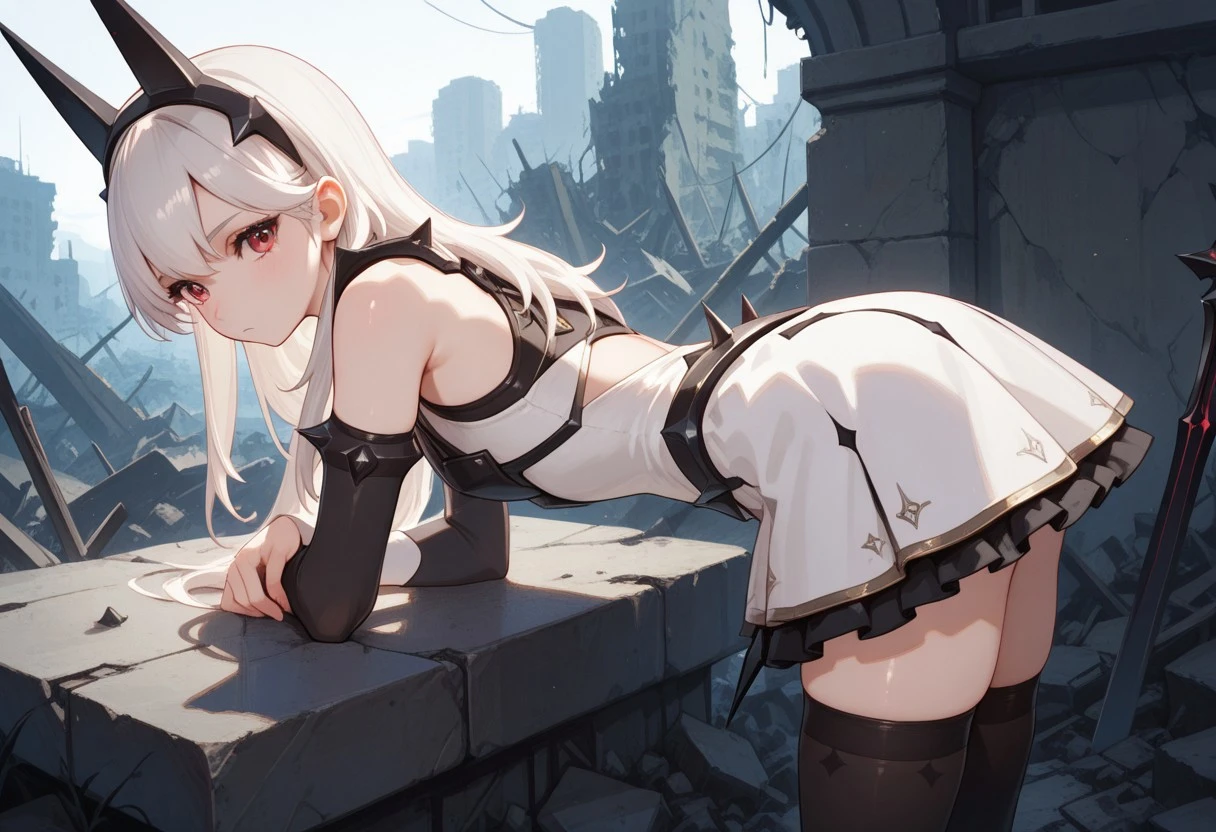 absurdres, masterpiece, best quality, very aesthetic, HDR, 8K, ultra-detailed, anime, 748cmstyle, bent over, ruins, side view,
1girl, PrincessLexa, solo, long hair, white hair, bangs, hairband, red eyes, black thighhighs, detached sleeves, bare shoulders, white dress, armor, spiked dress, skindentation, shiny skin, dominant female, (skinny), looks at viewer,